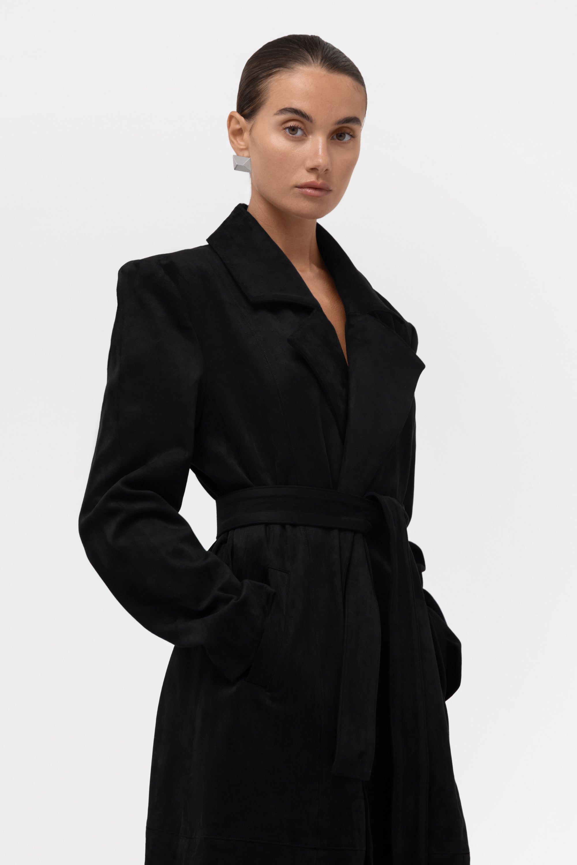 Paneled Faux Suede Trench Coat - Black