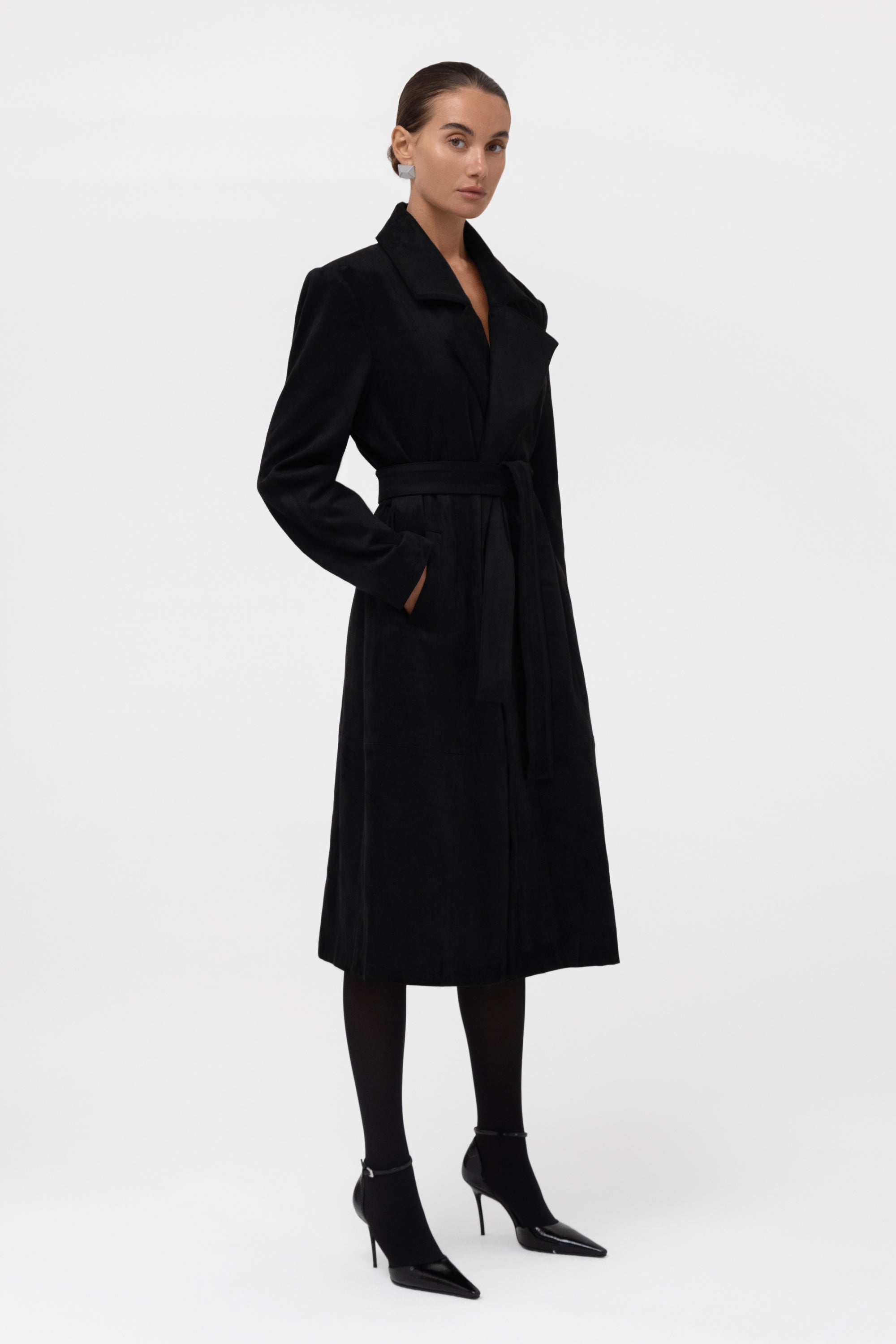 Paneled Faux Suede Trench Coat - Black