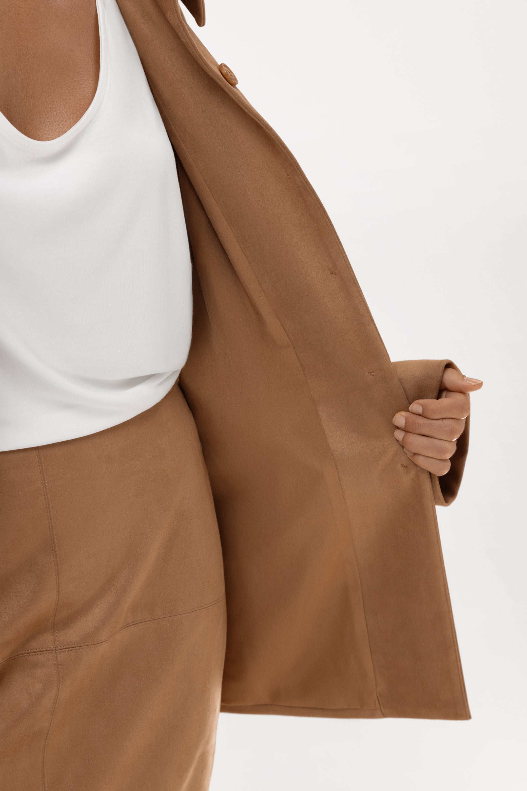 Paneled Faux Suede Button Up Jacket - Camel