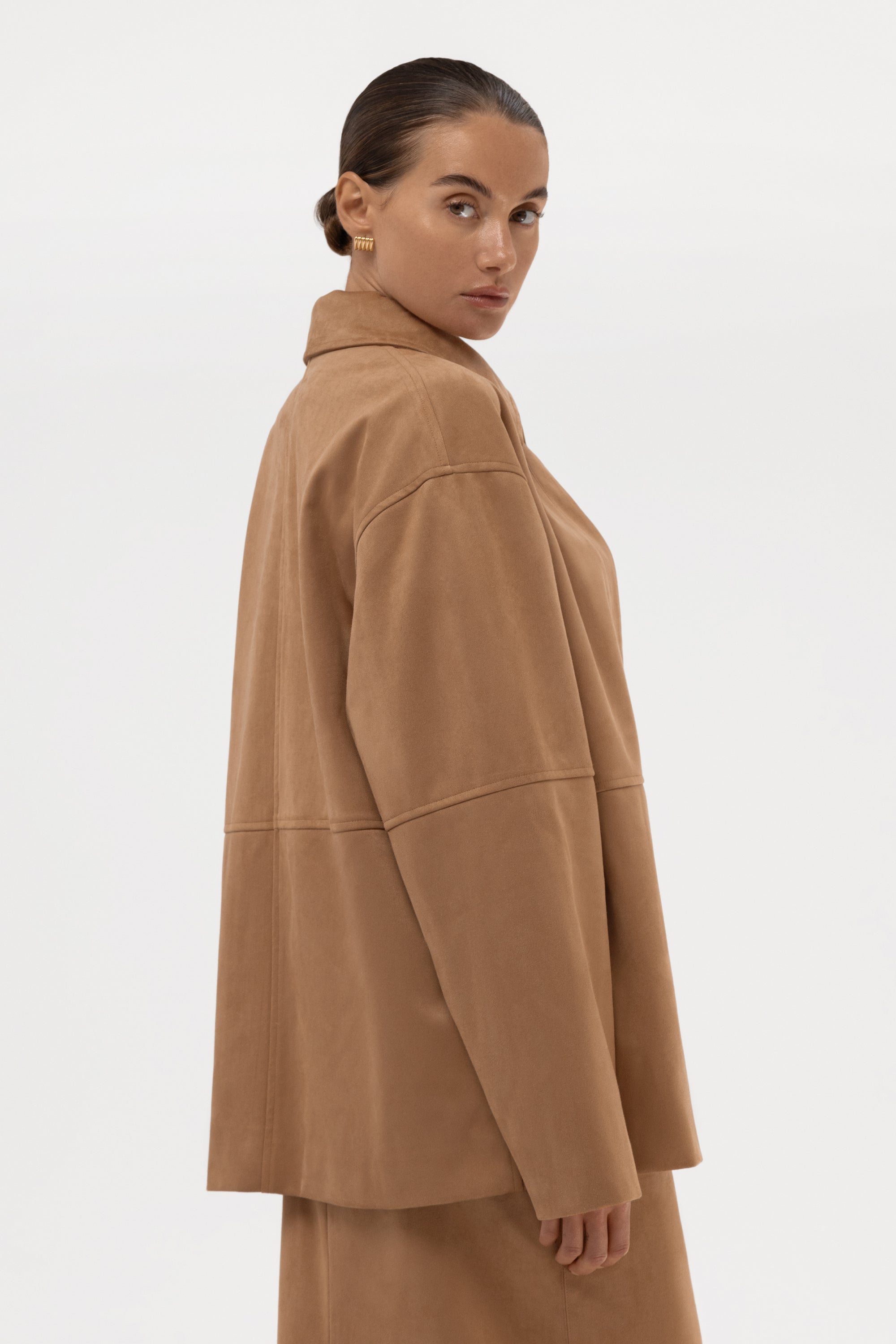 Paneled Faux Suede Button Up Jacket - Camel