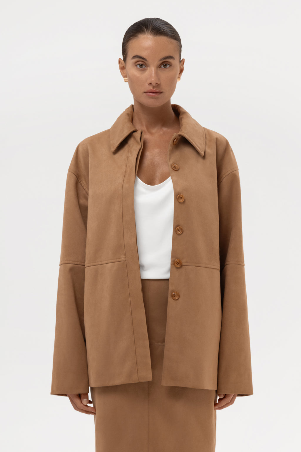 Paneled Faux Suede Button Up Jacket - Camel