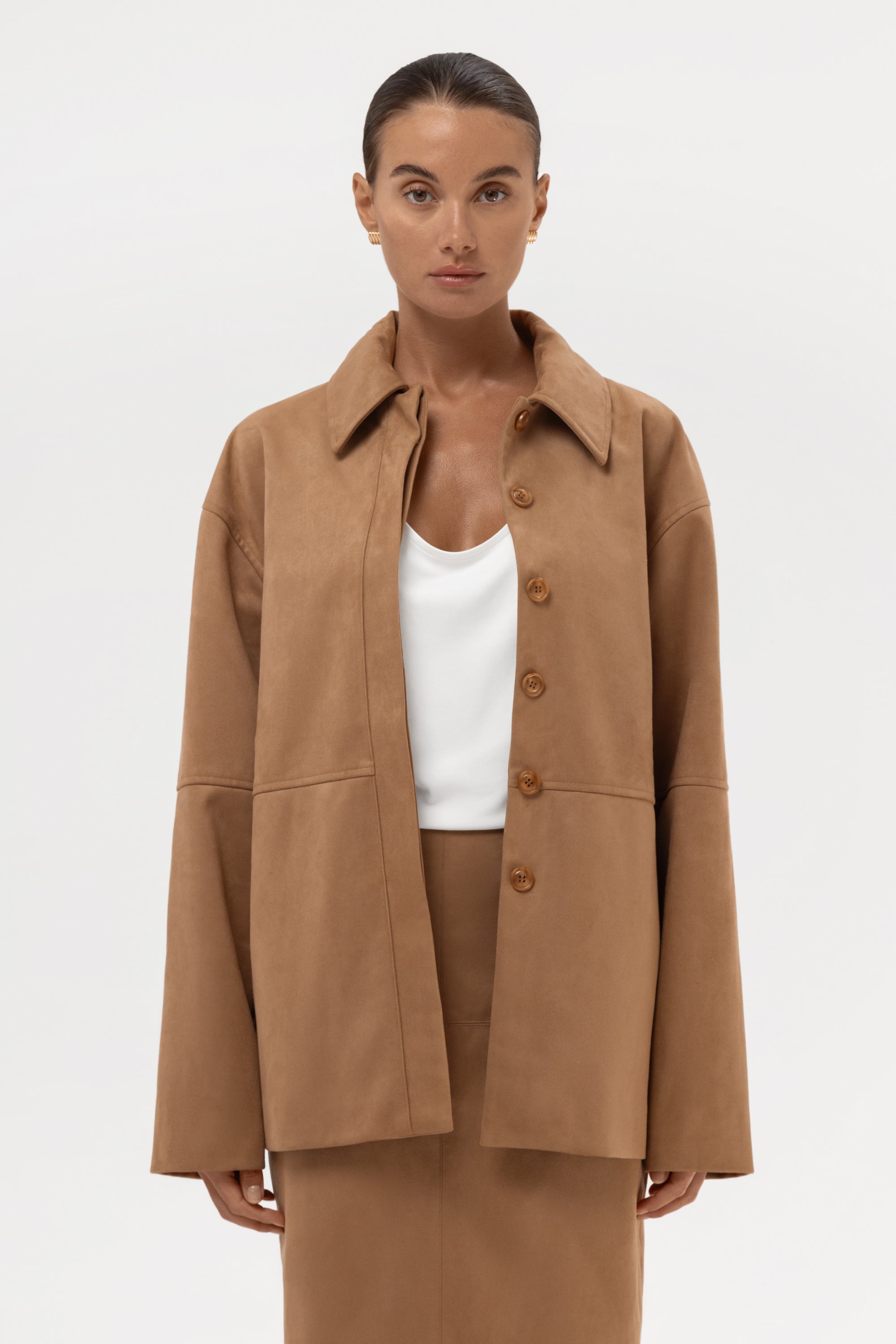 Paneled Faux Suede Button Up Jacket - Camel