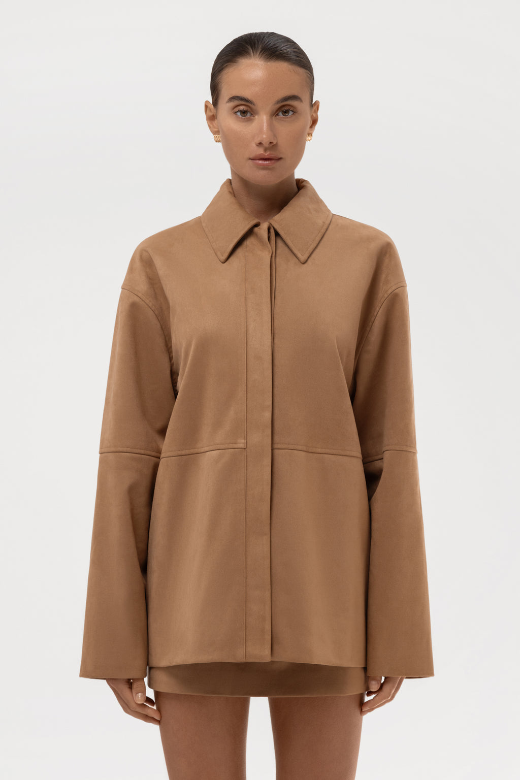 Paneled Faux Suede Button Up Jacket - Camel