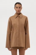 Paneled Faux Suede Button Up Jacket - Camel