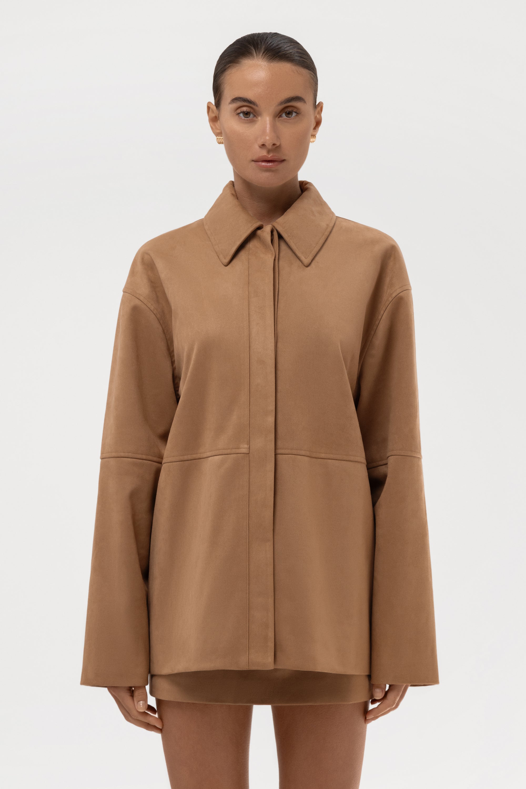 Paneled Faux Suede Button Up Jacket - Camel