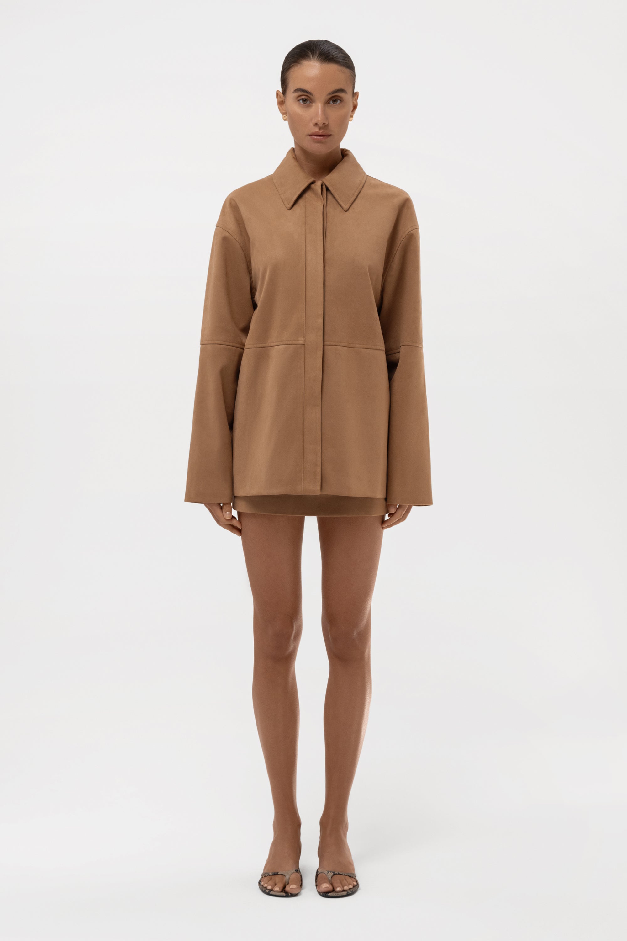Paneled Faux Suede Button Up Jacket - Camel