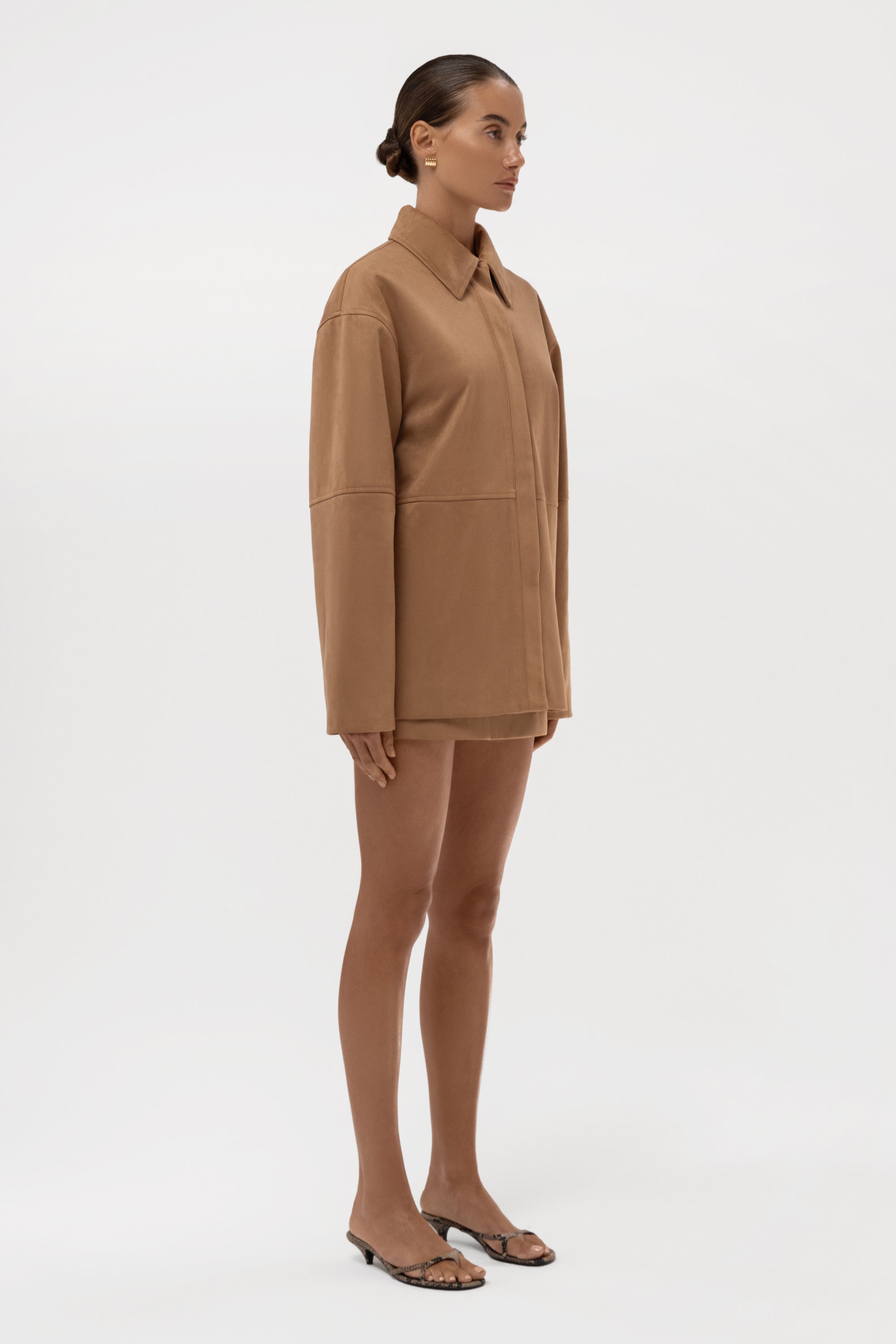Paneled Faux Suede Button Up Jacket - Camel