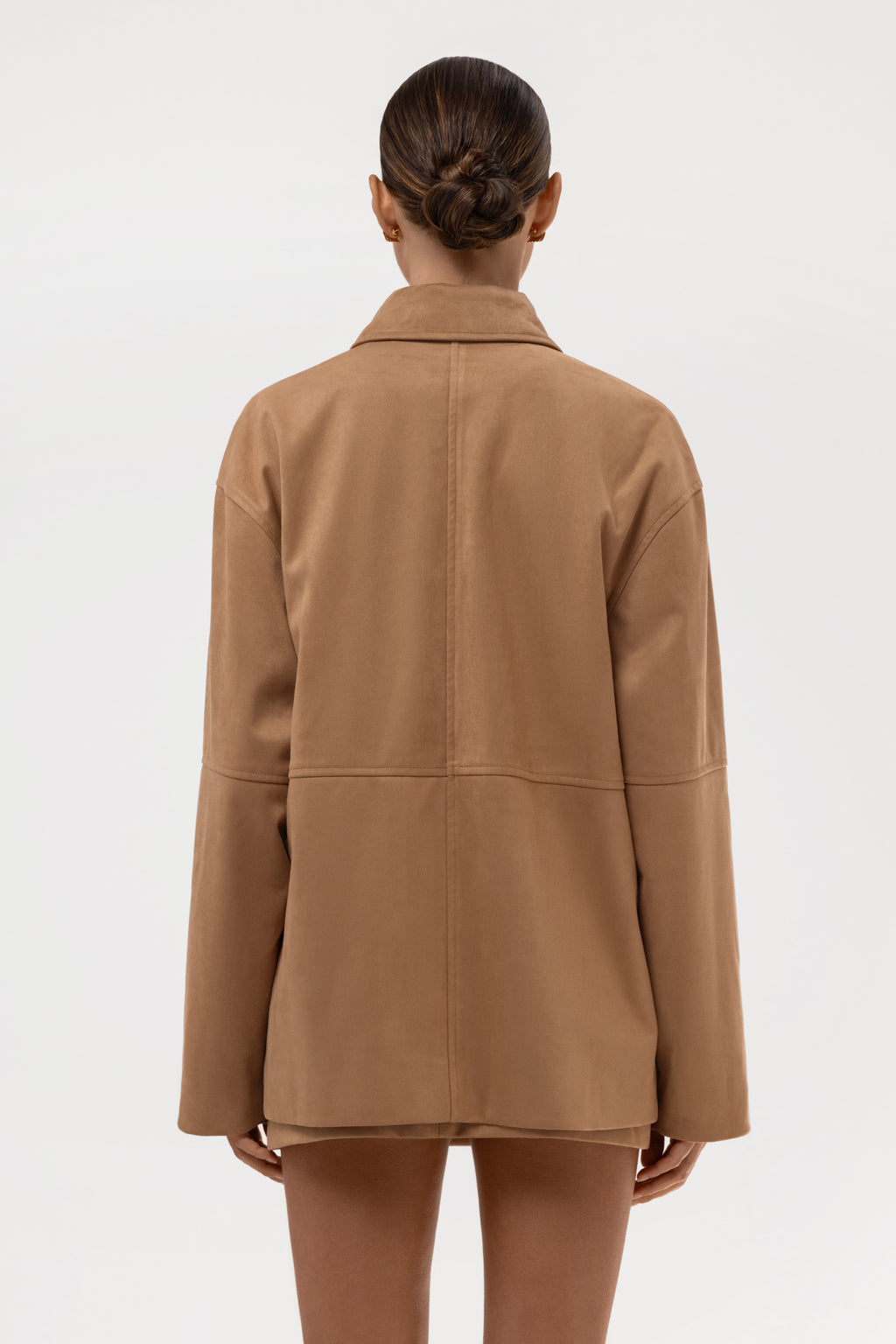Paneled Faux Suede Button Up Jacket - Camel