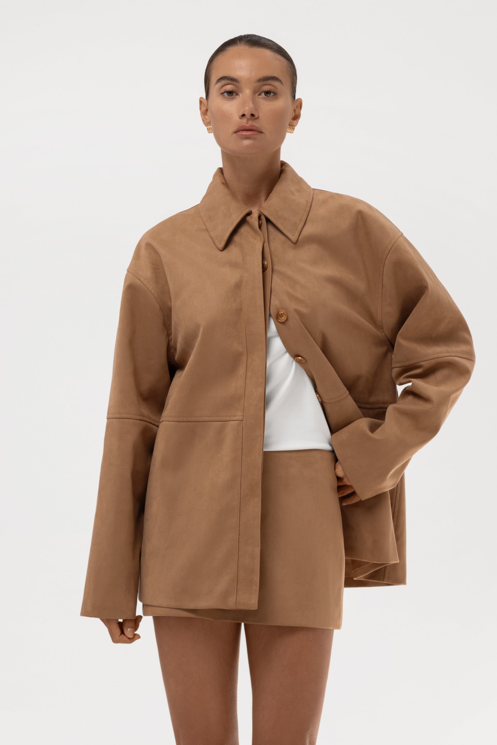 Paneled Faux Suede Button Up Jacket - Camel