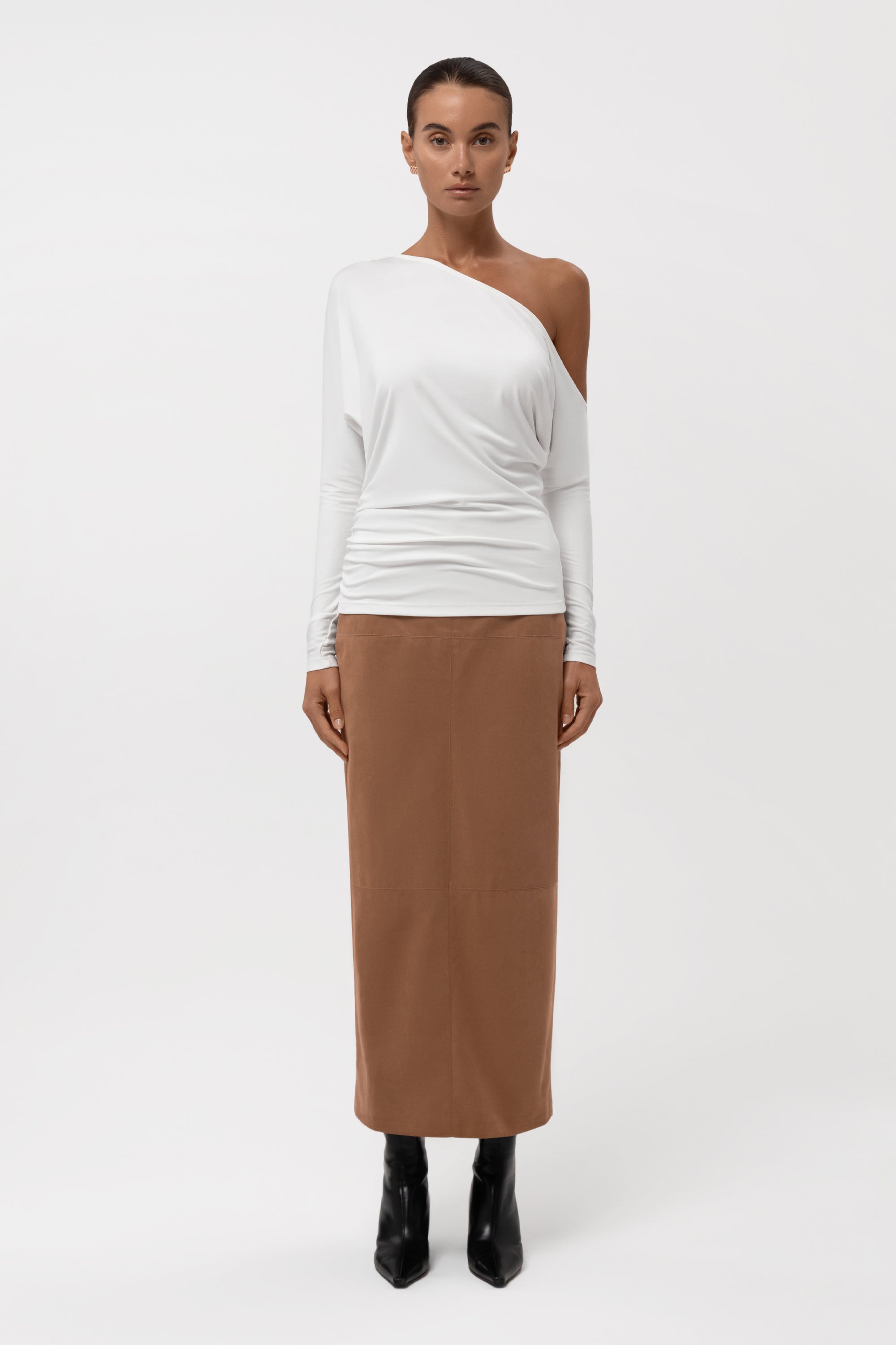 Paneled Faux Suede Midi Skirt - Camel