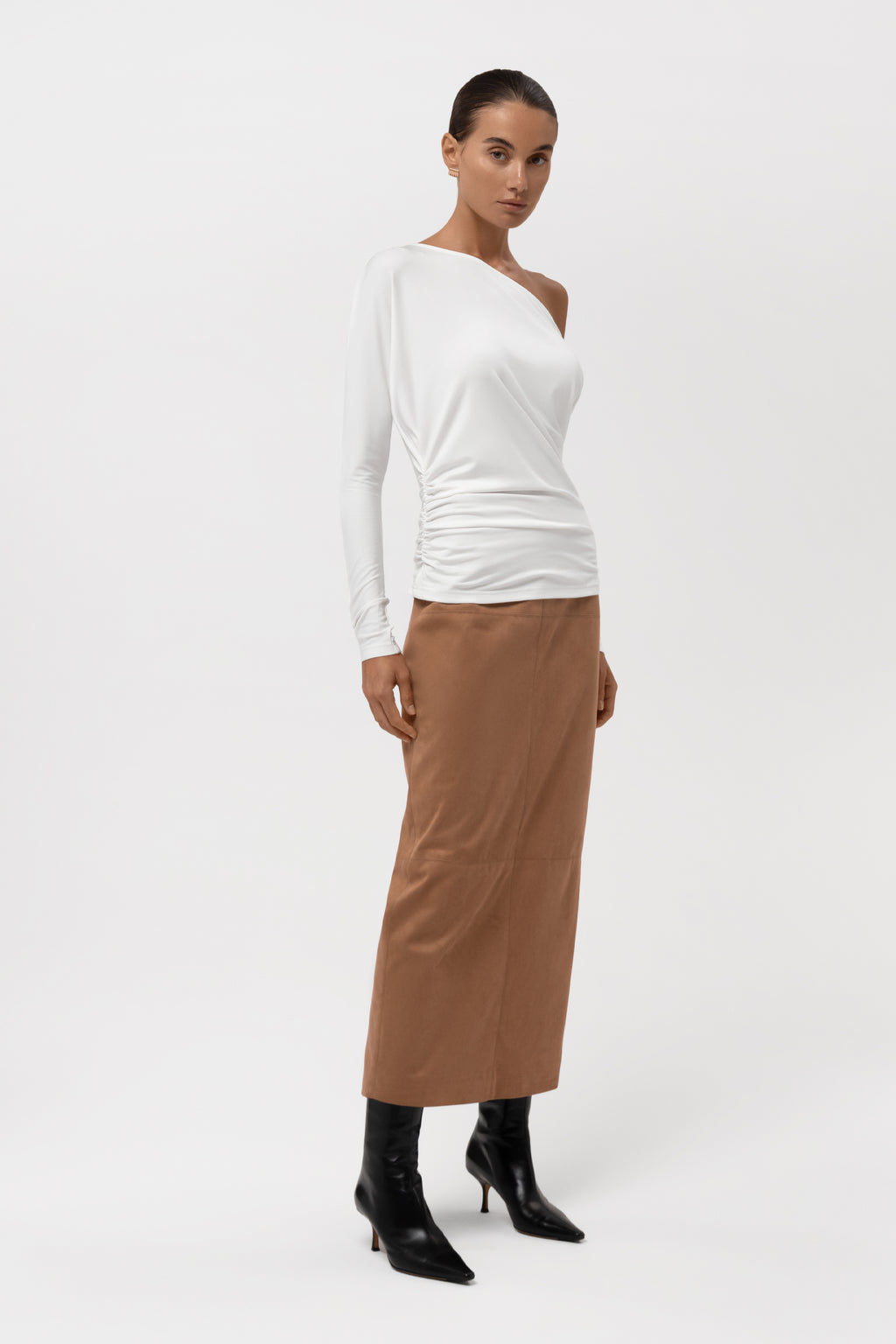 Paneled Faux Suede Midi Skirt - Camel