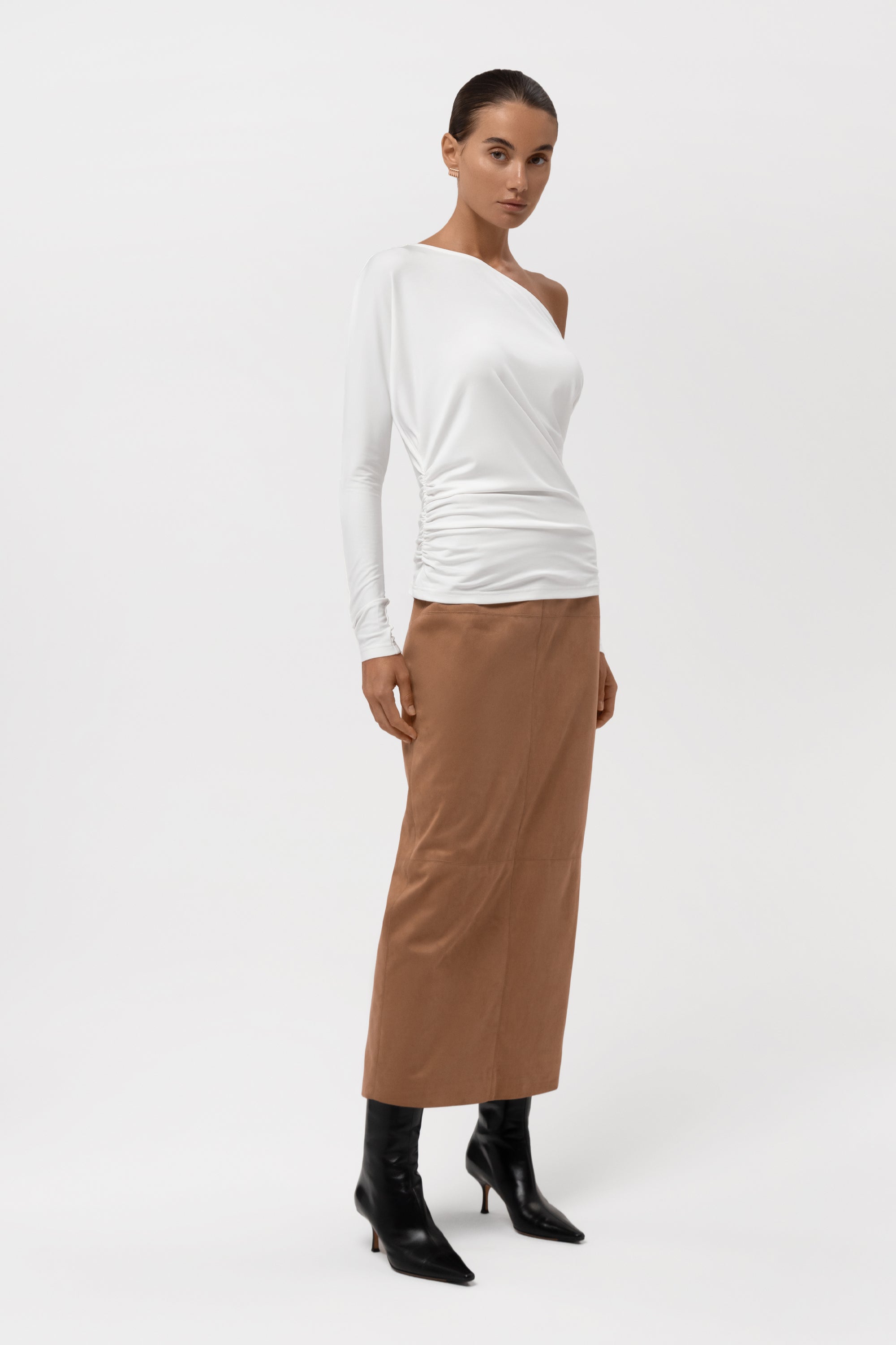 Paneled Faux Suede Midi Skirt - Camel
