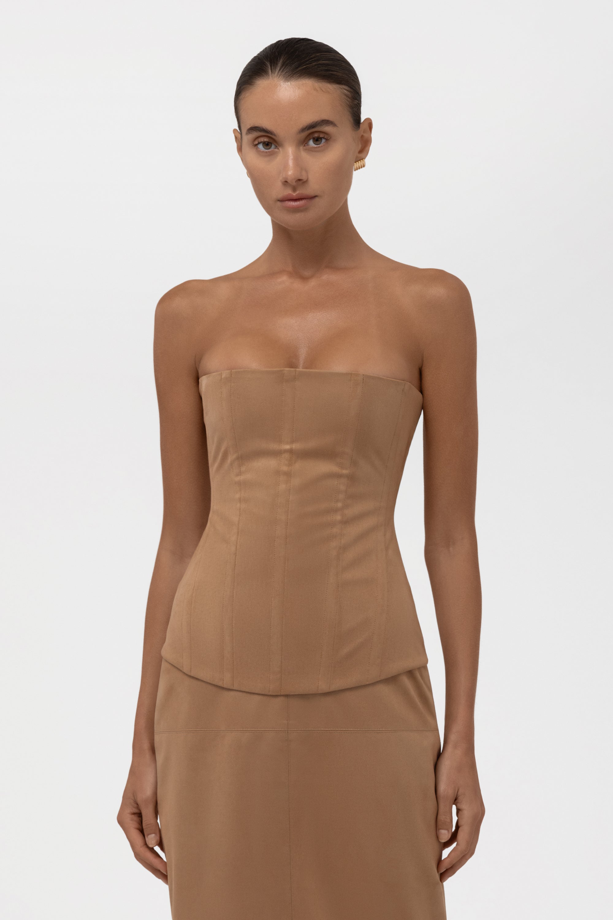 Fatale Faux Suede Corset Top - Camel