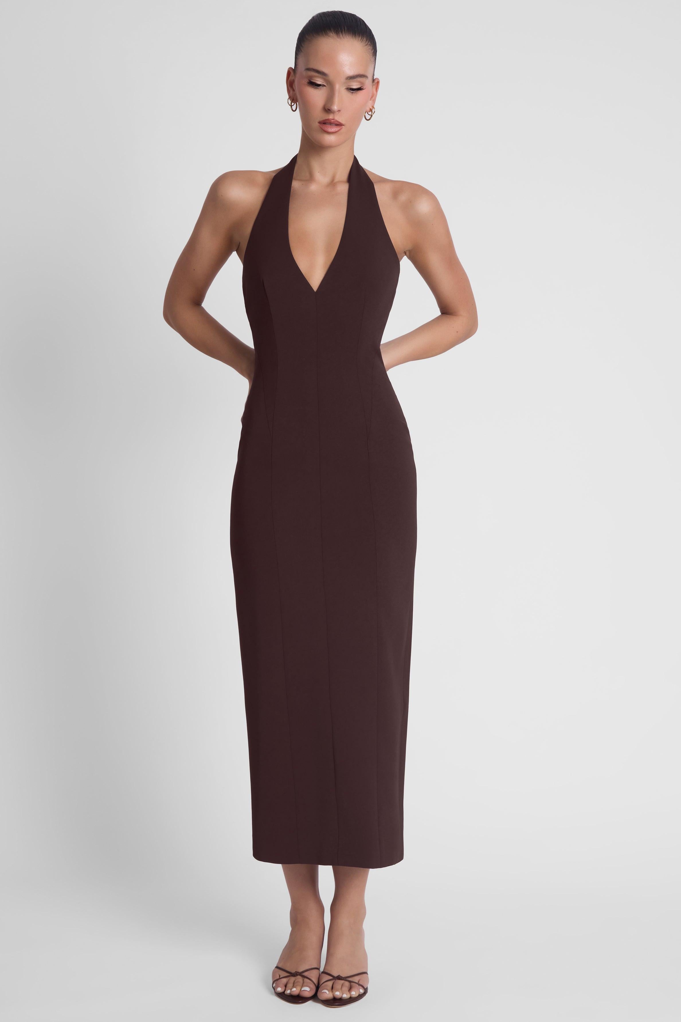 Helena Halter Midi Dress - Chocolate Brown