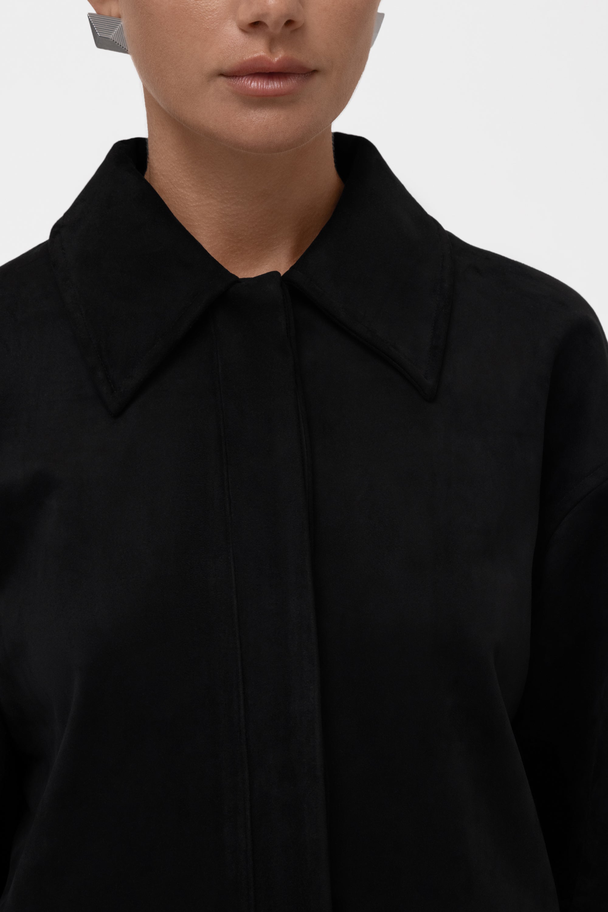 Paneled Faux Suede Button Up Jacket - Black