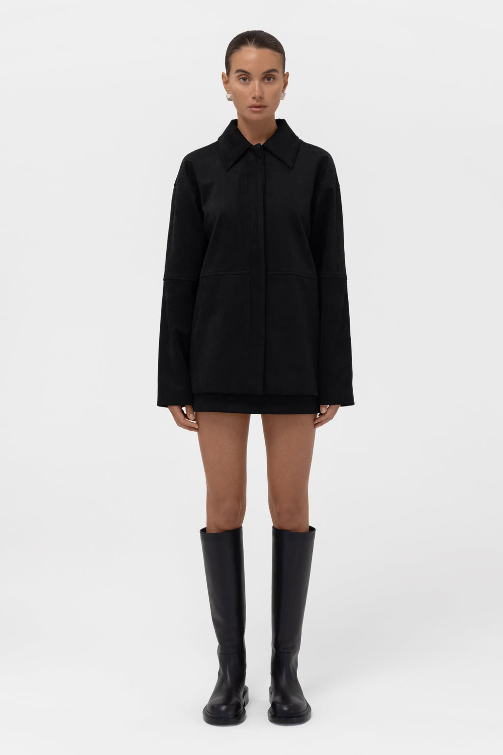 Paneled Faux Suede Button Up Jacket - Black