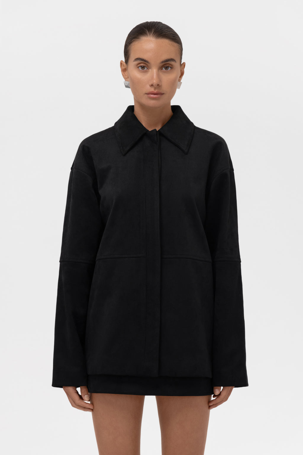 Paneled Faux Suede Button Up Jacket - Black