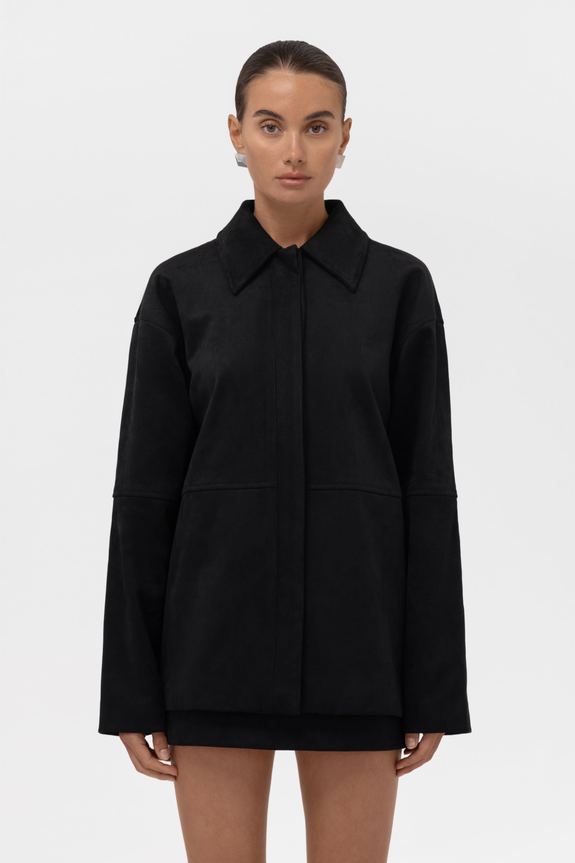 Paneled Faux Suede Button Up Jacket - Black