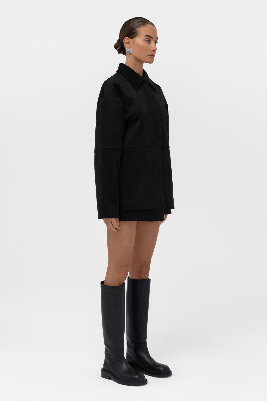 Paneled Faux Suede Button Up Jacket - Black