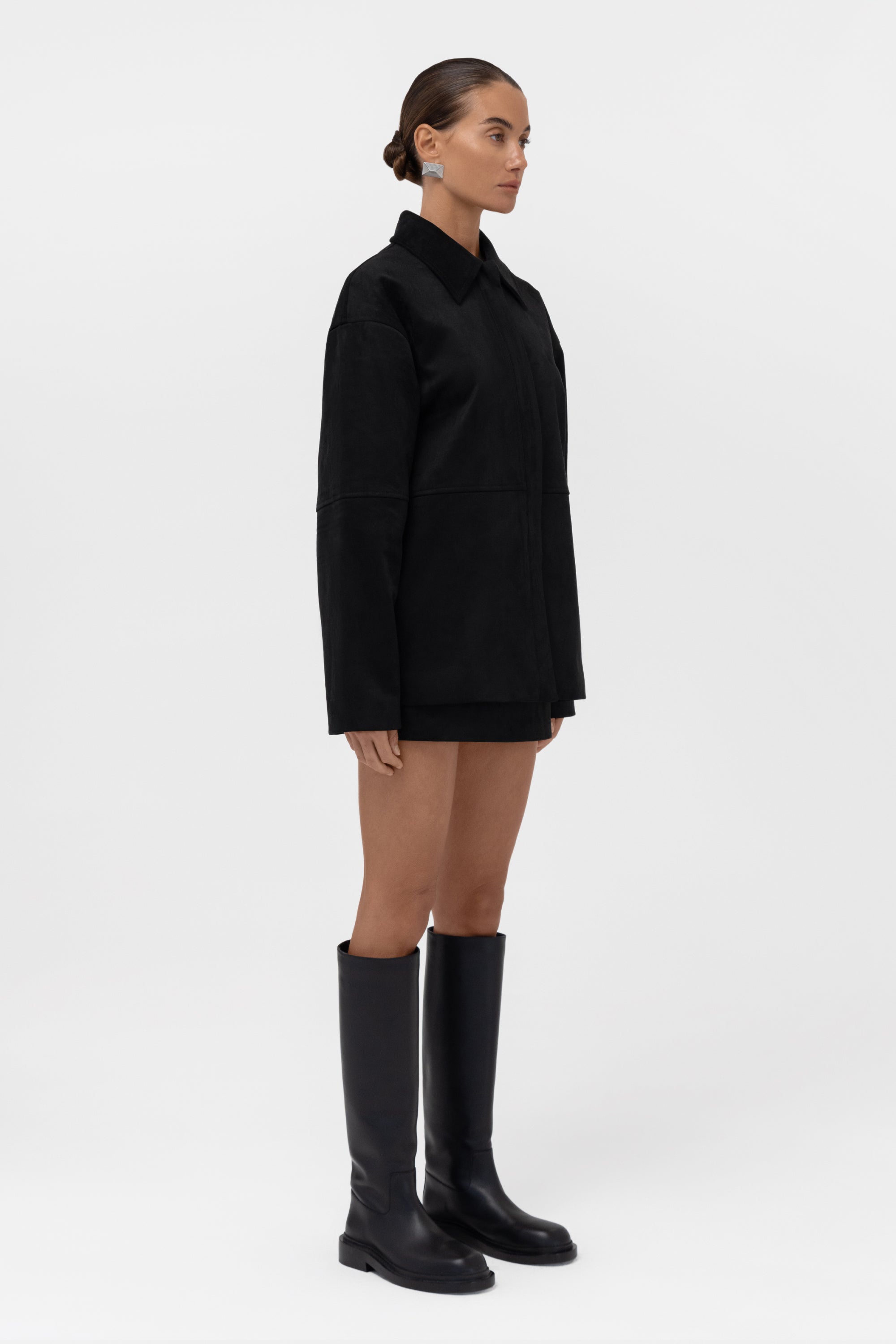 Paneled Faux Suede Button Up Jacket - Black