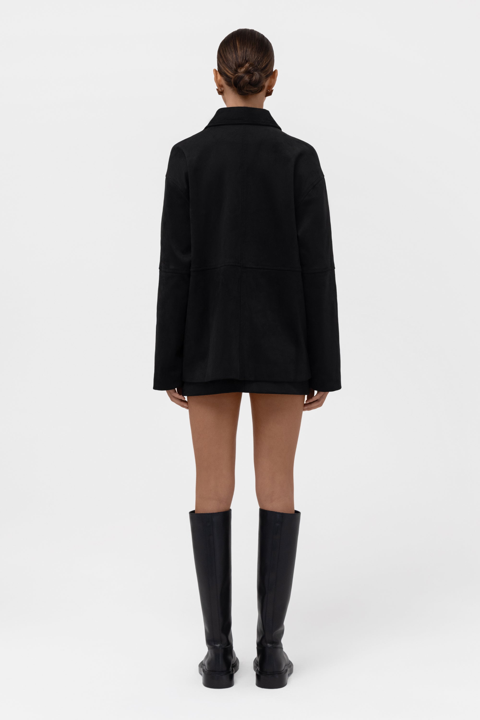Paneled Faux Suede Button Up Jacket - Black
