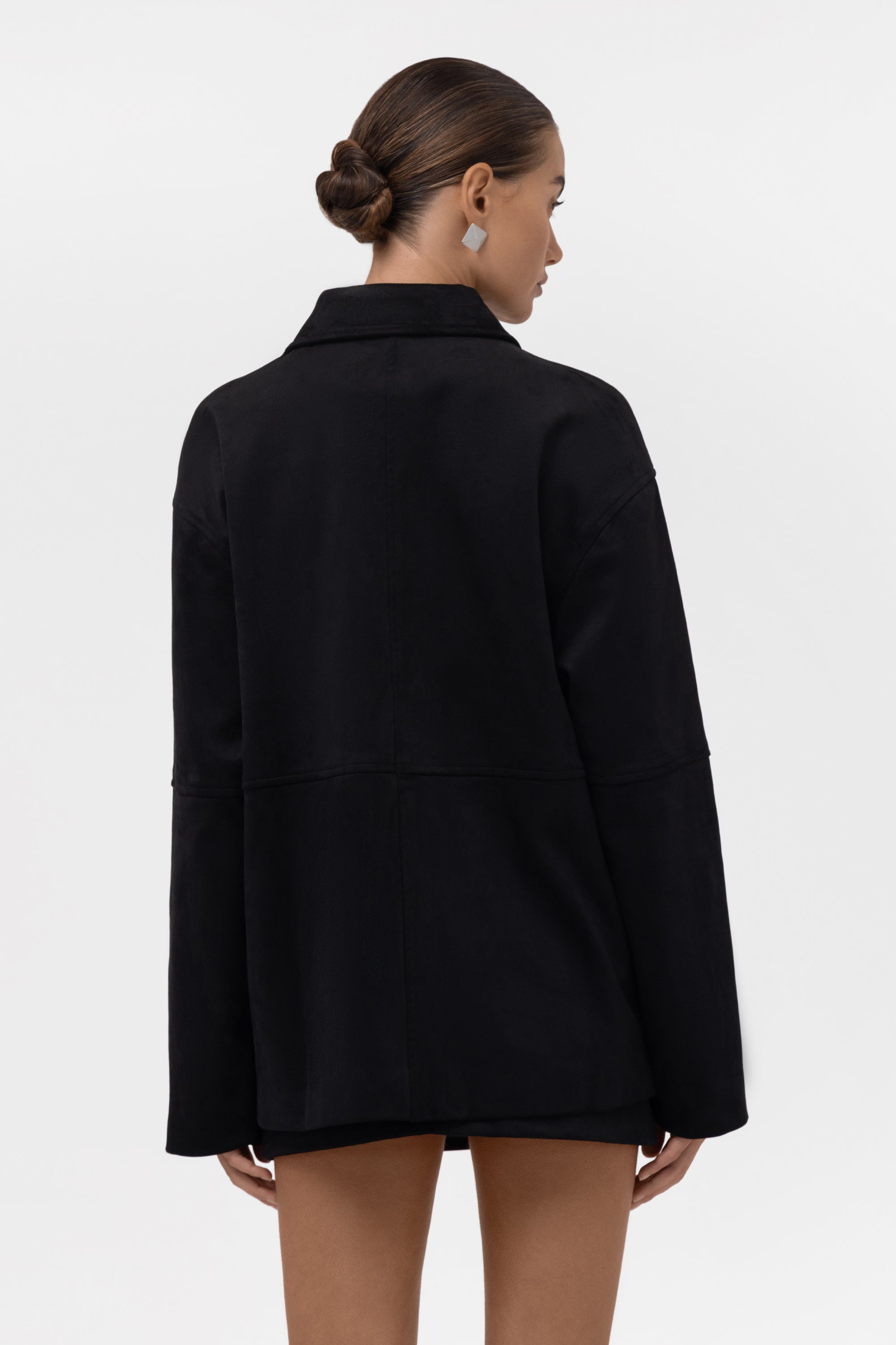 Paneled Faux Suede Button Up Jacket - Black