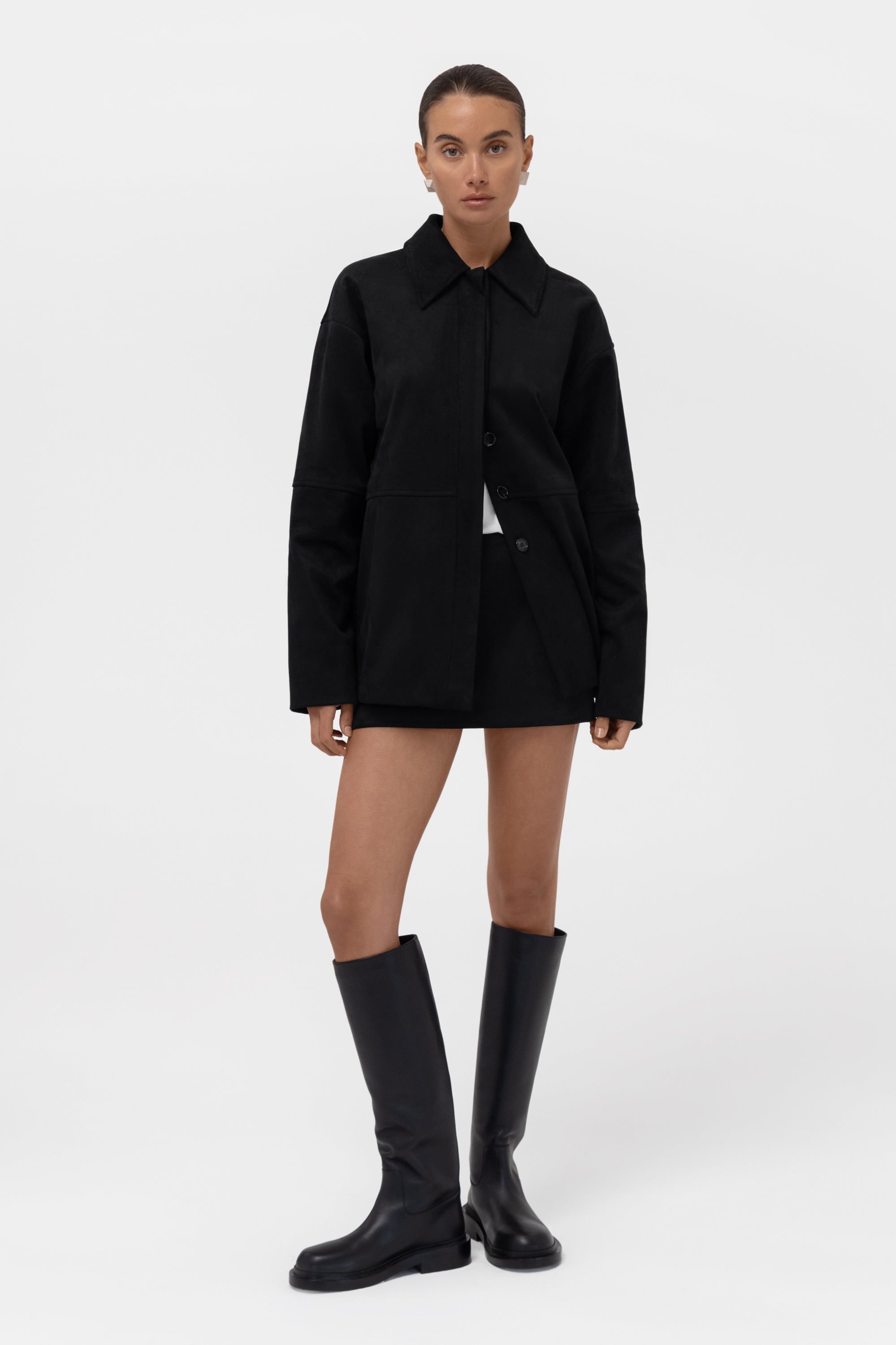 Paneled Faux Suede Button Up Jacket - Black