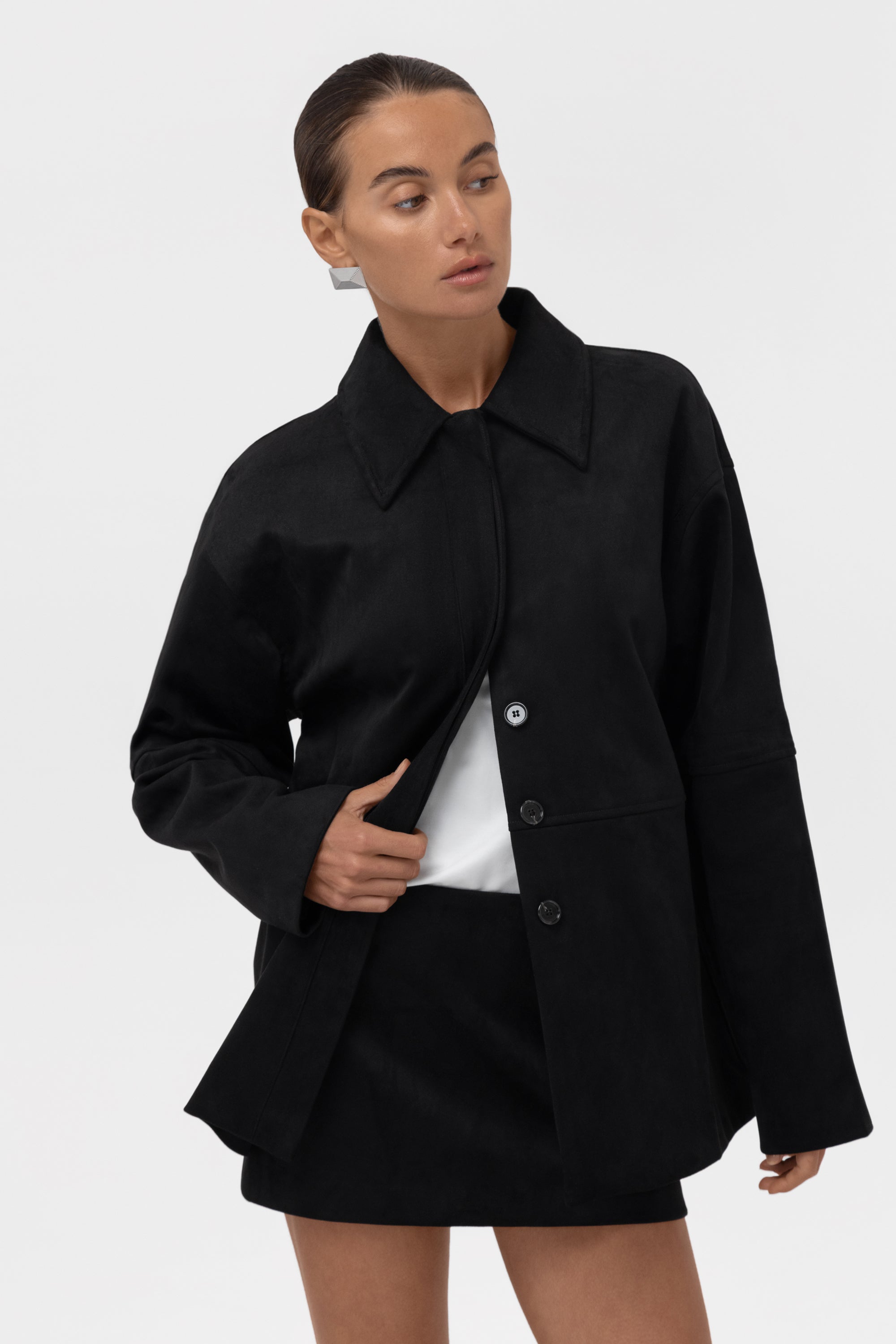Paneled Faux Suede Button Up Jacket - Black