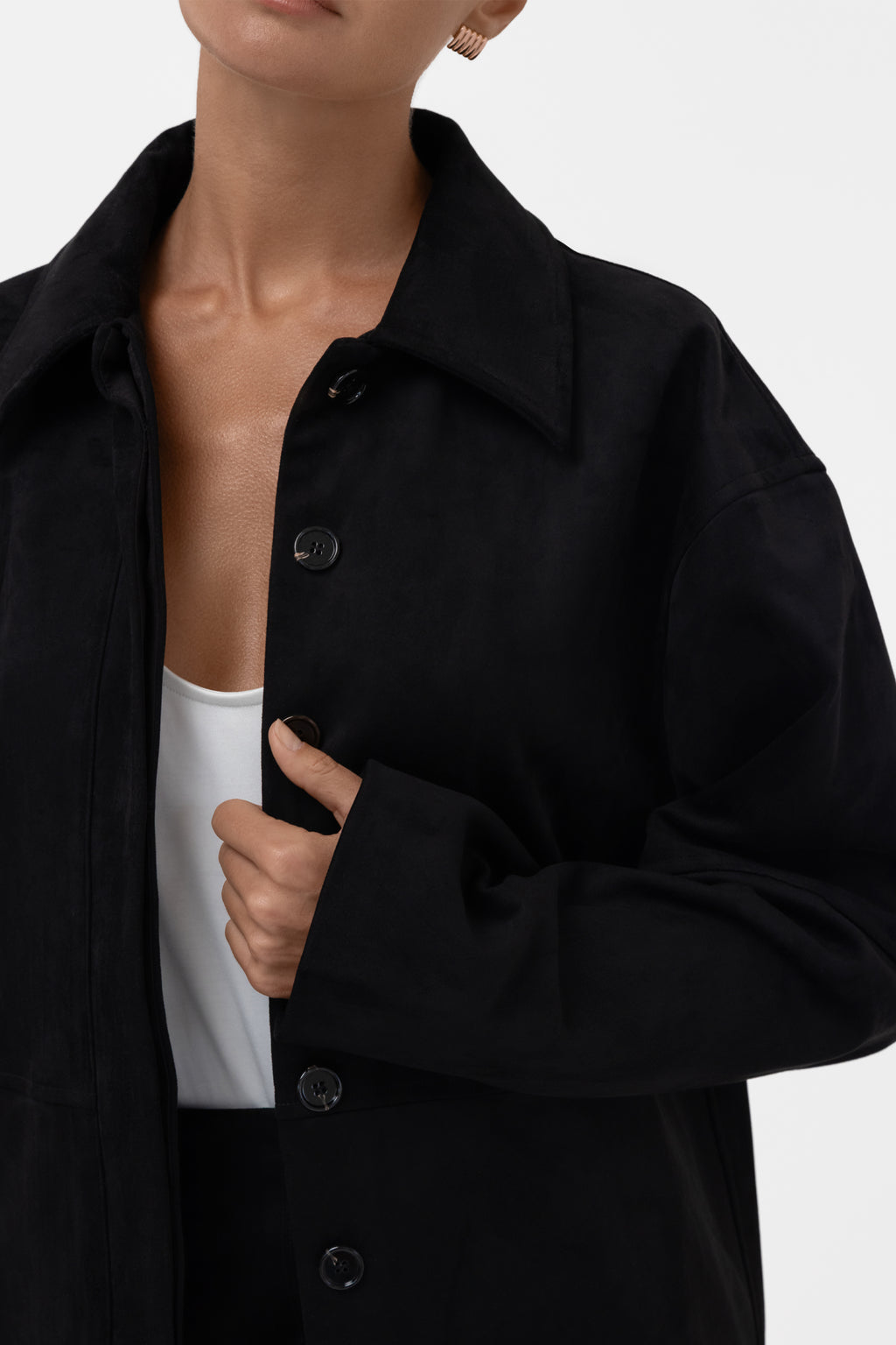 Paneled Faux Suede Button Up Jacket - Black
