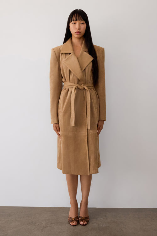 Paneled Faux Suede Trench Coat - Camel