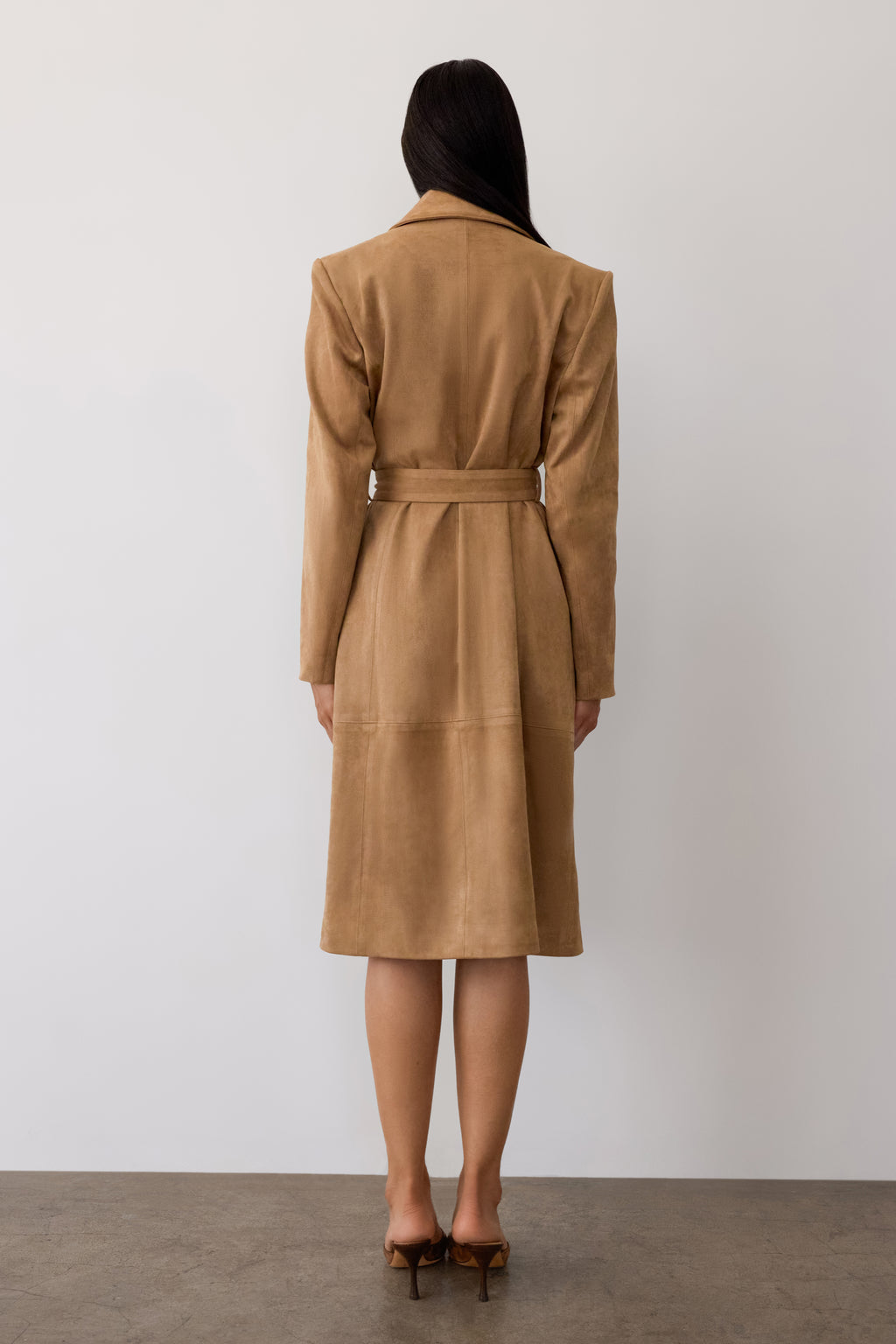 Paneled Faux Suede Trench Coat - Camel