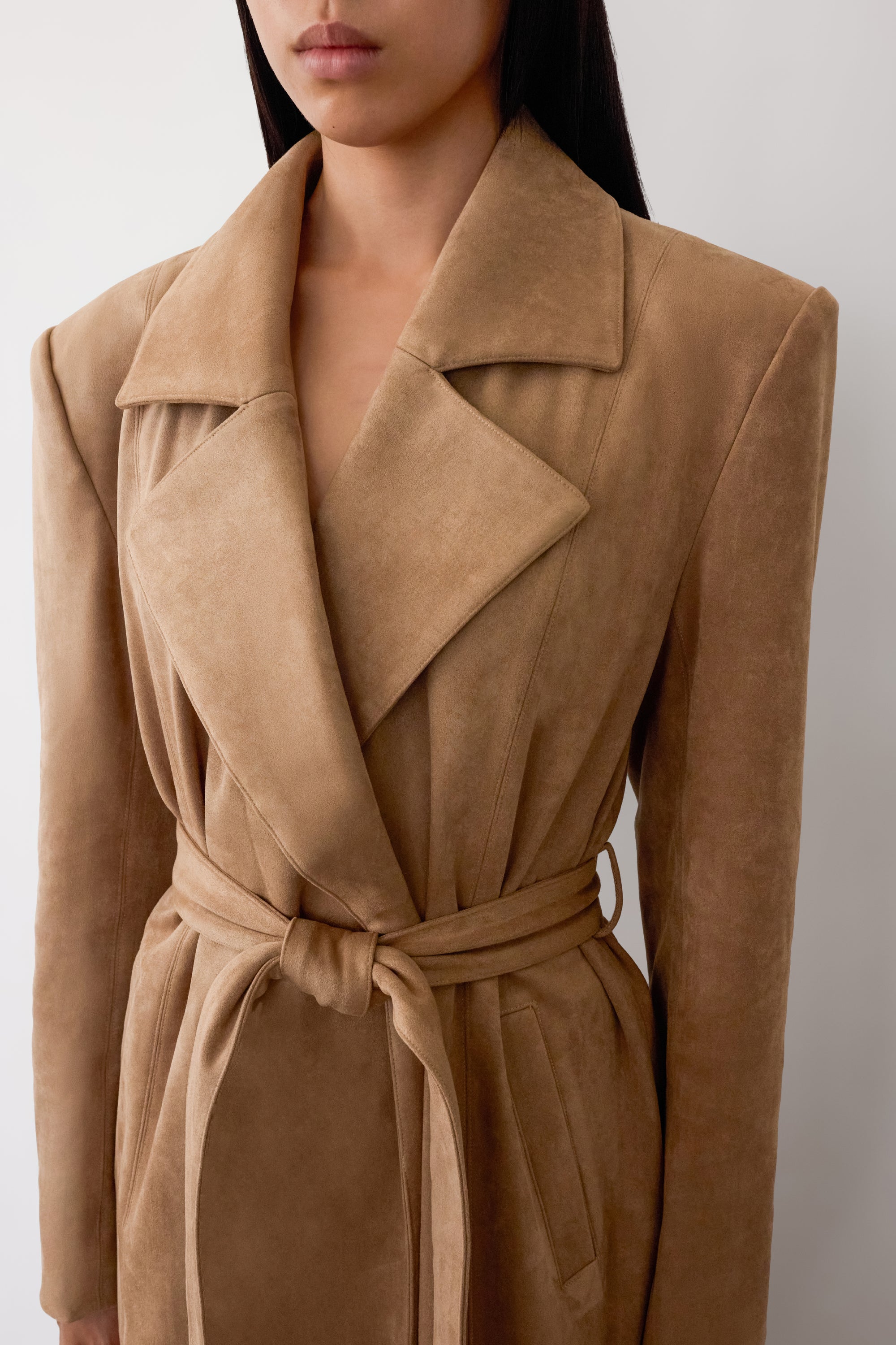 Paneled Faux Suede Trench Coat - Camel