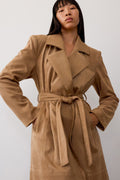 Paneled Faux Suede Trench Coat - Camel