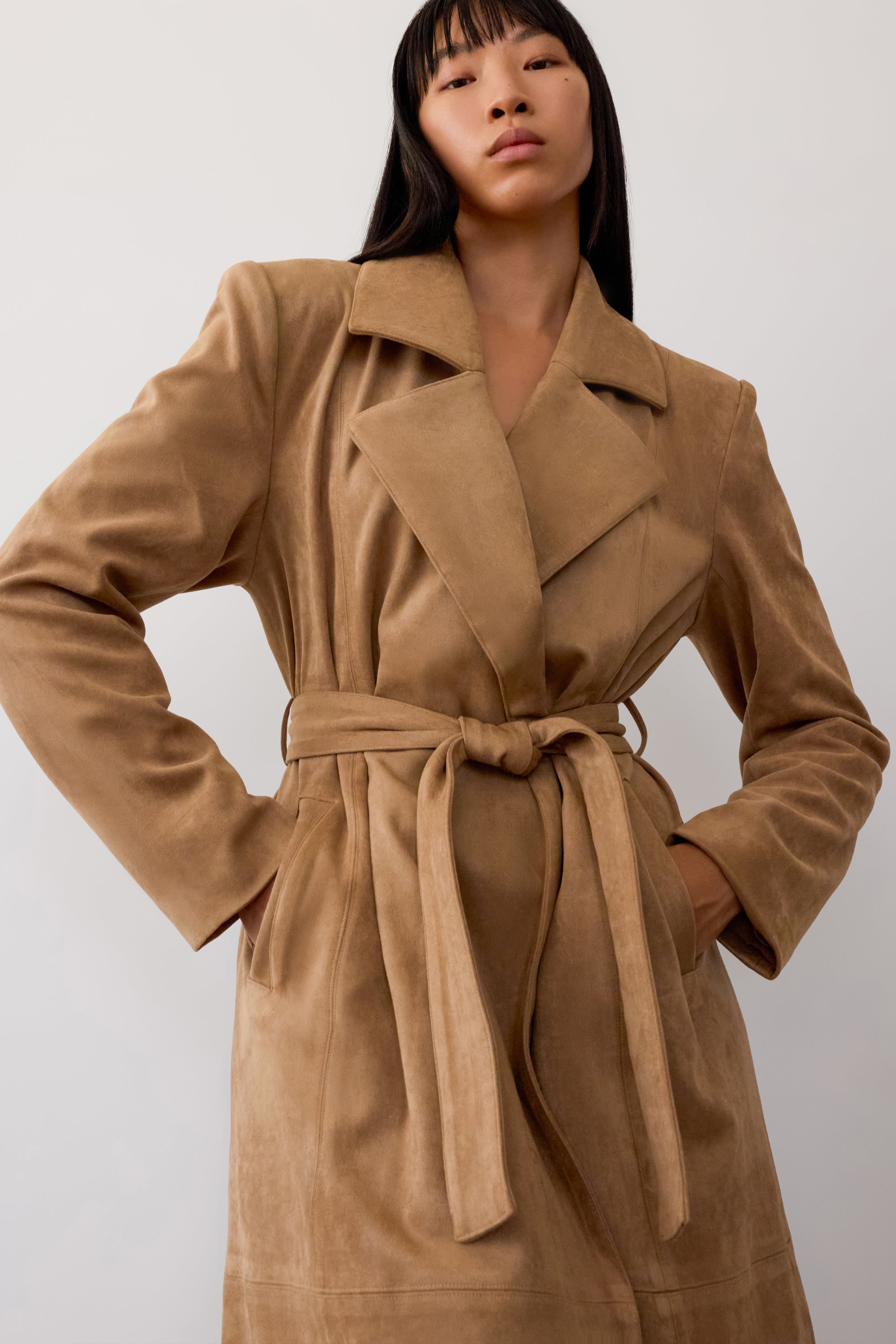 Paneled Faux Suede Trench Coat - Camel