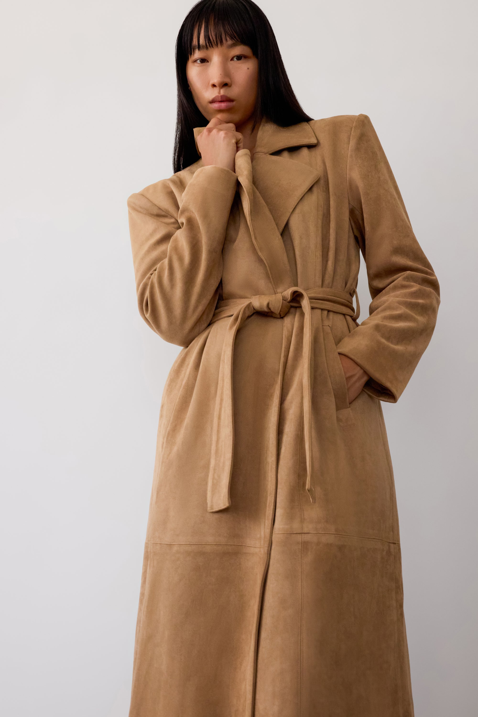 Paneled Faux Suede Trench Coat - Camel