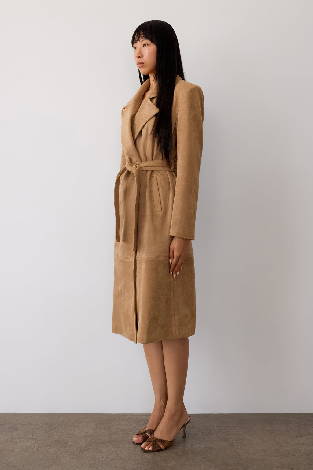 Paneled Faux Suede Trench Coat - Camel
