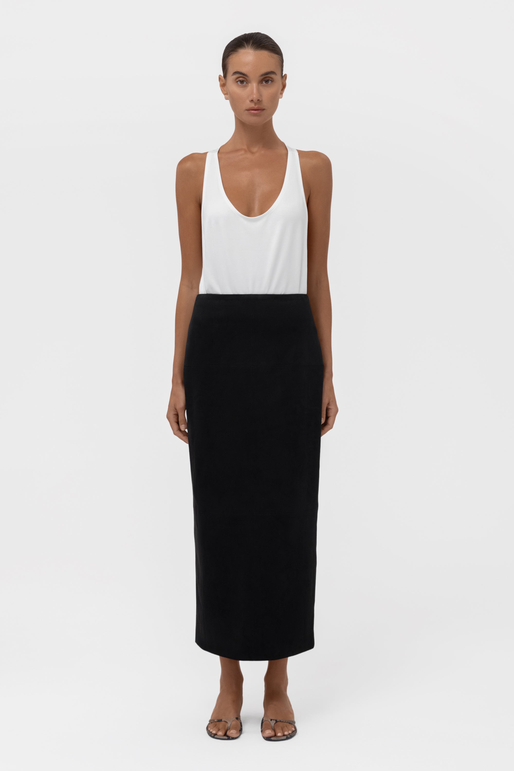 Paneled Faux Suede Midi Skirt - Black