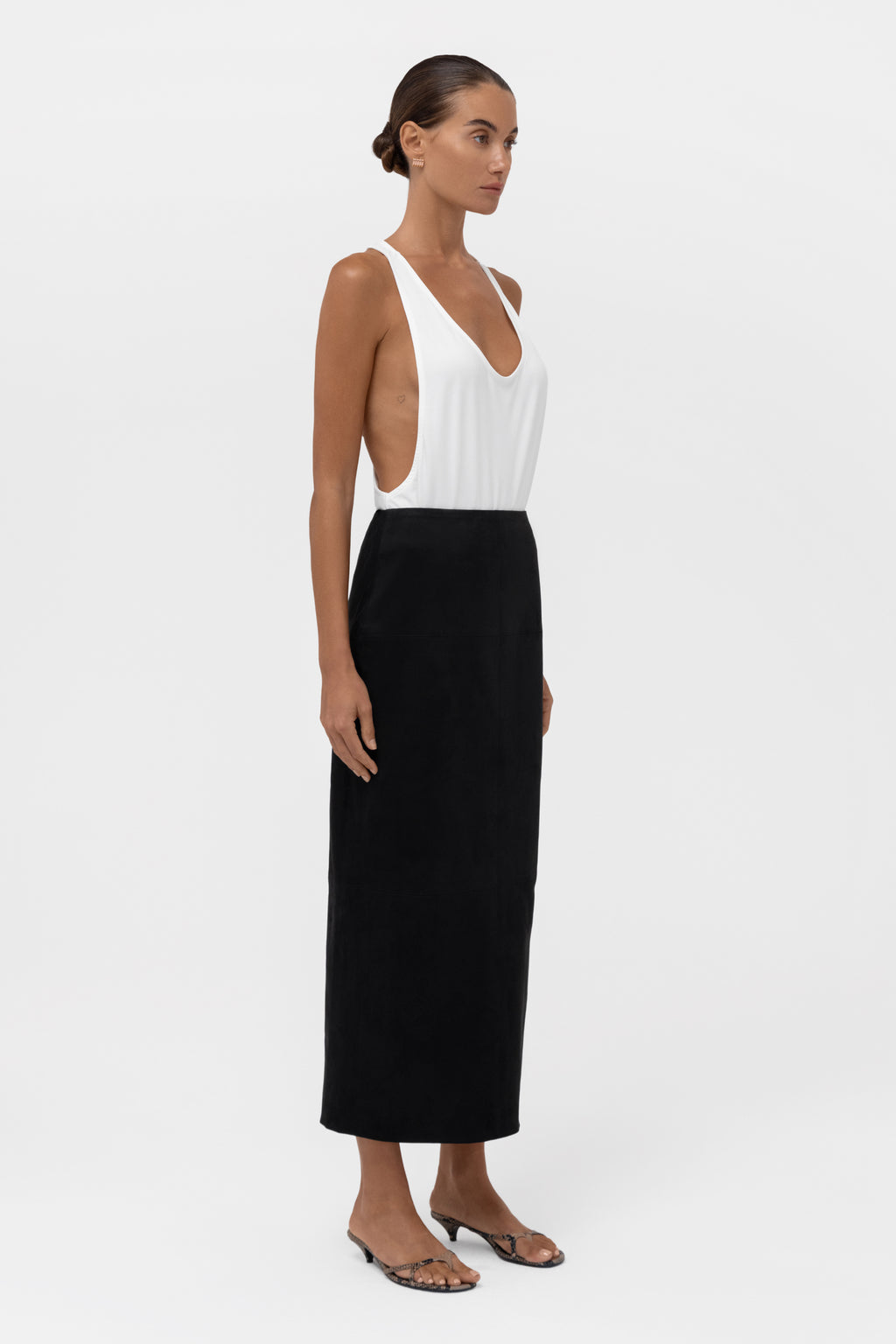 Paneled Faux Suede Midi Skirt - Black