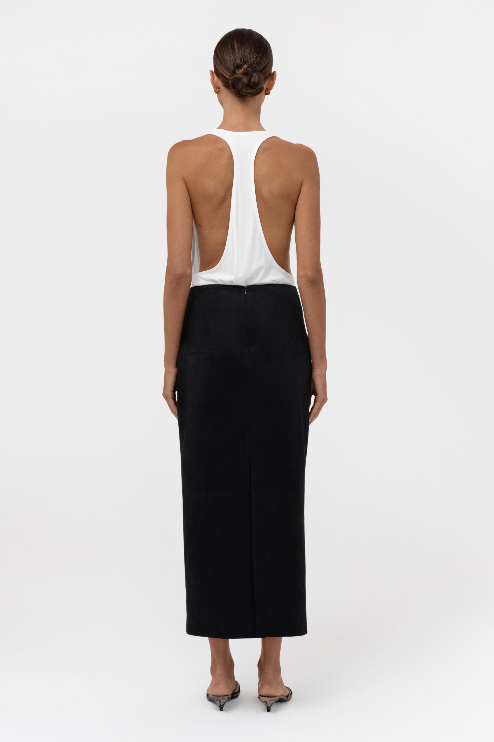 Paneled Faux Suede Midi Skirt - Black