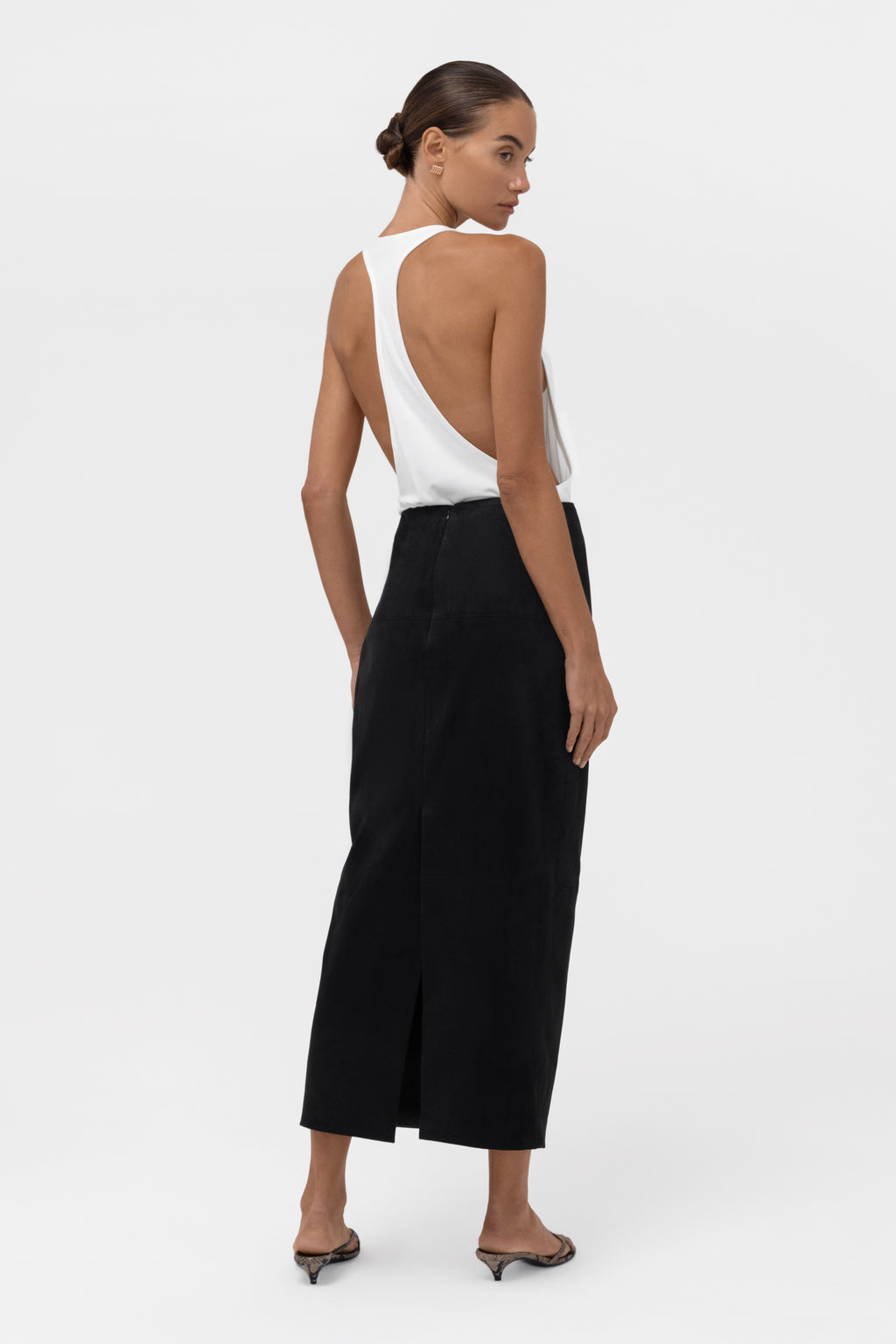 Paneled Faux Suede Midi Skirt - Black