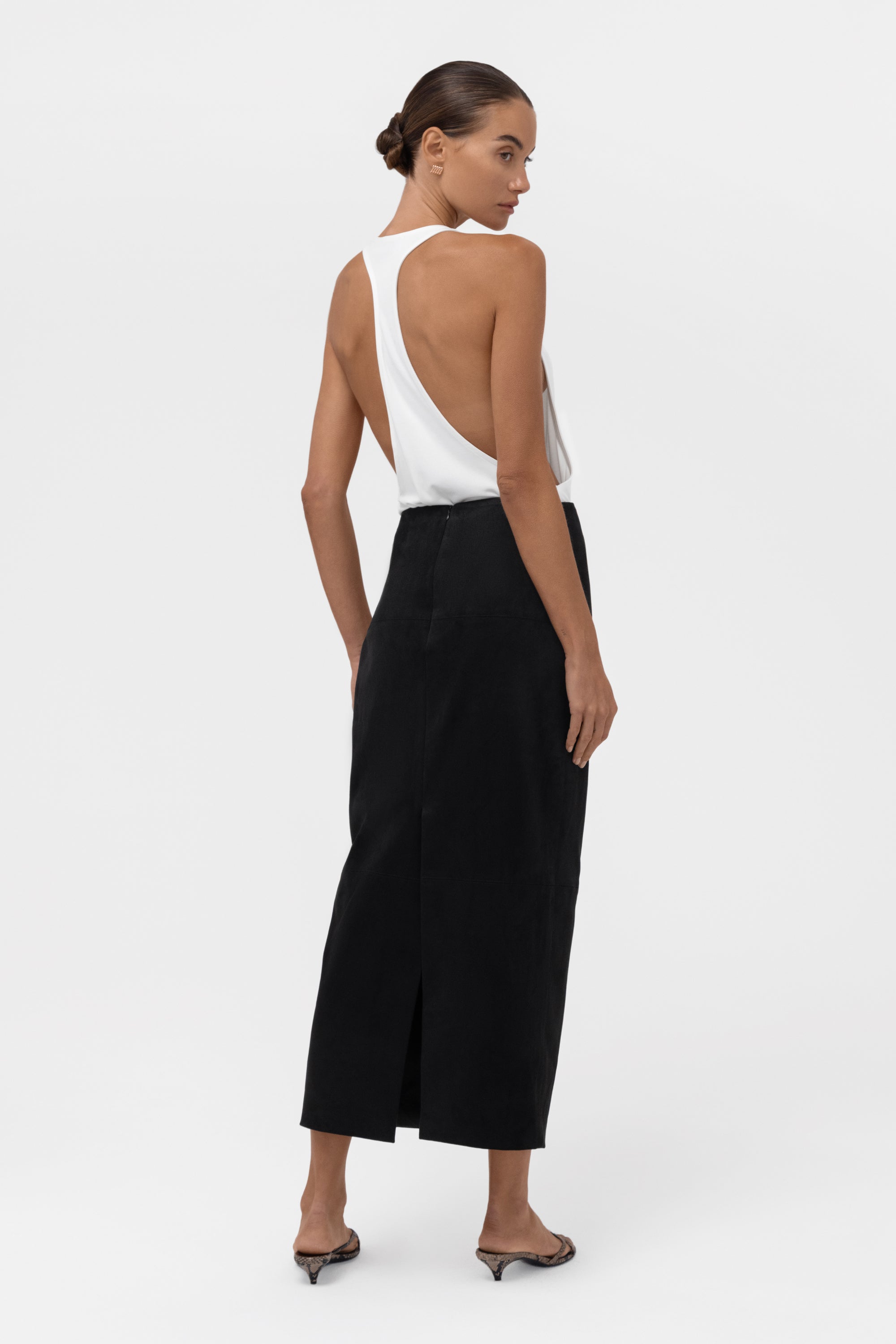 Paneled Faux Suede Midi Skirt - Black