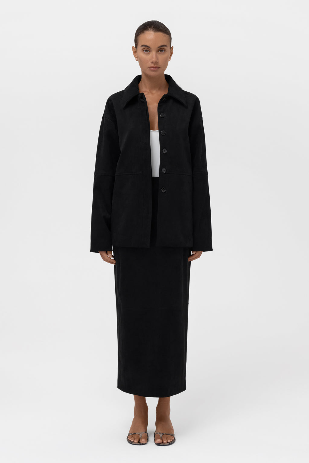 Paneled Faux Suede Midi Skirt - Black