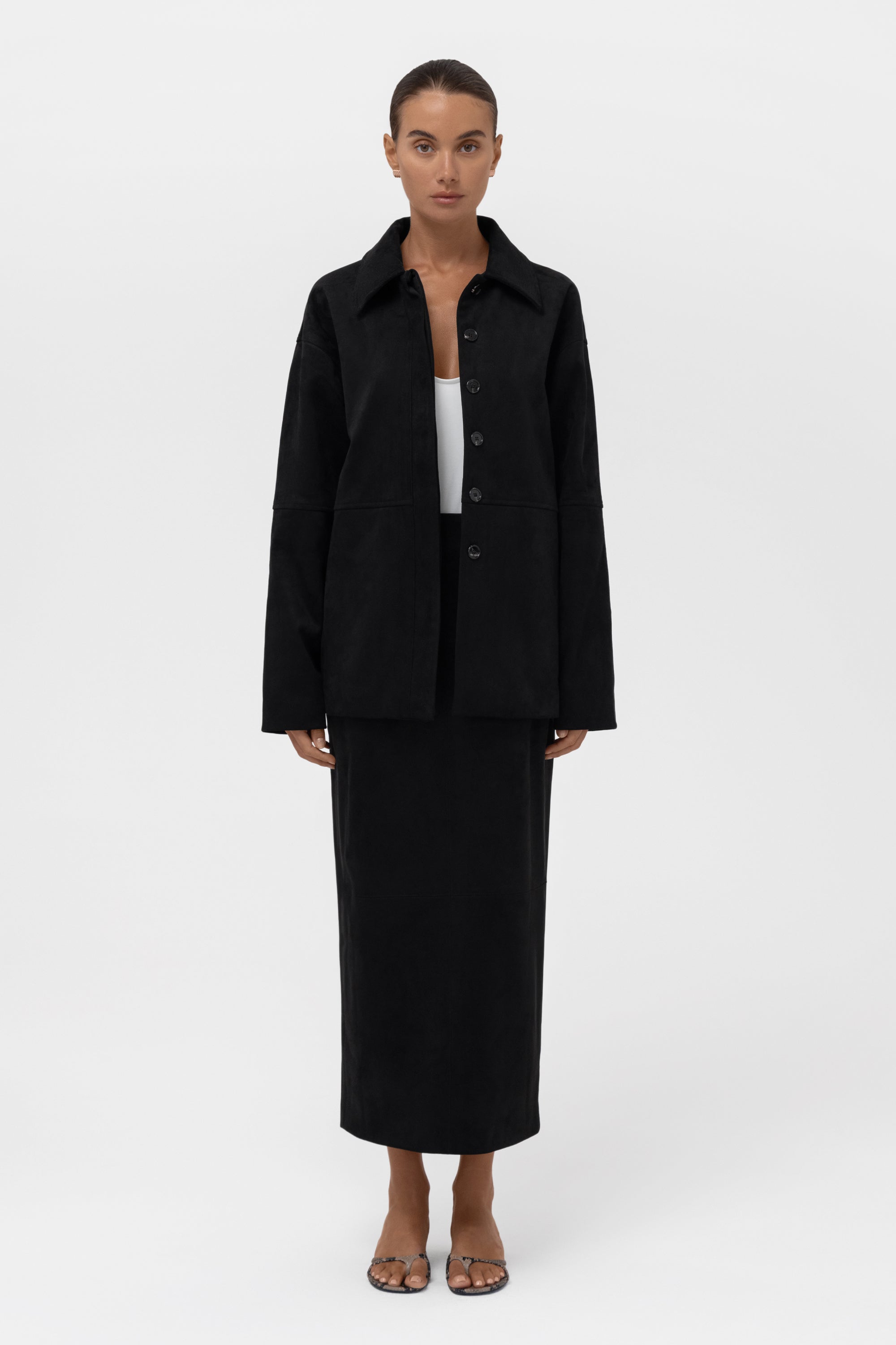 Paneled Faux Suede Midi Skirt - Black