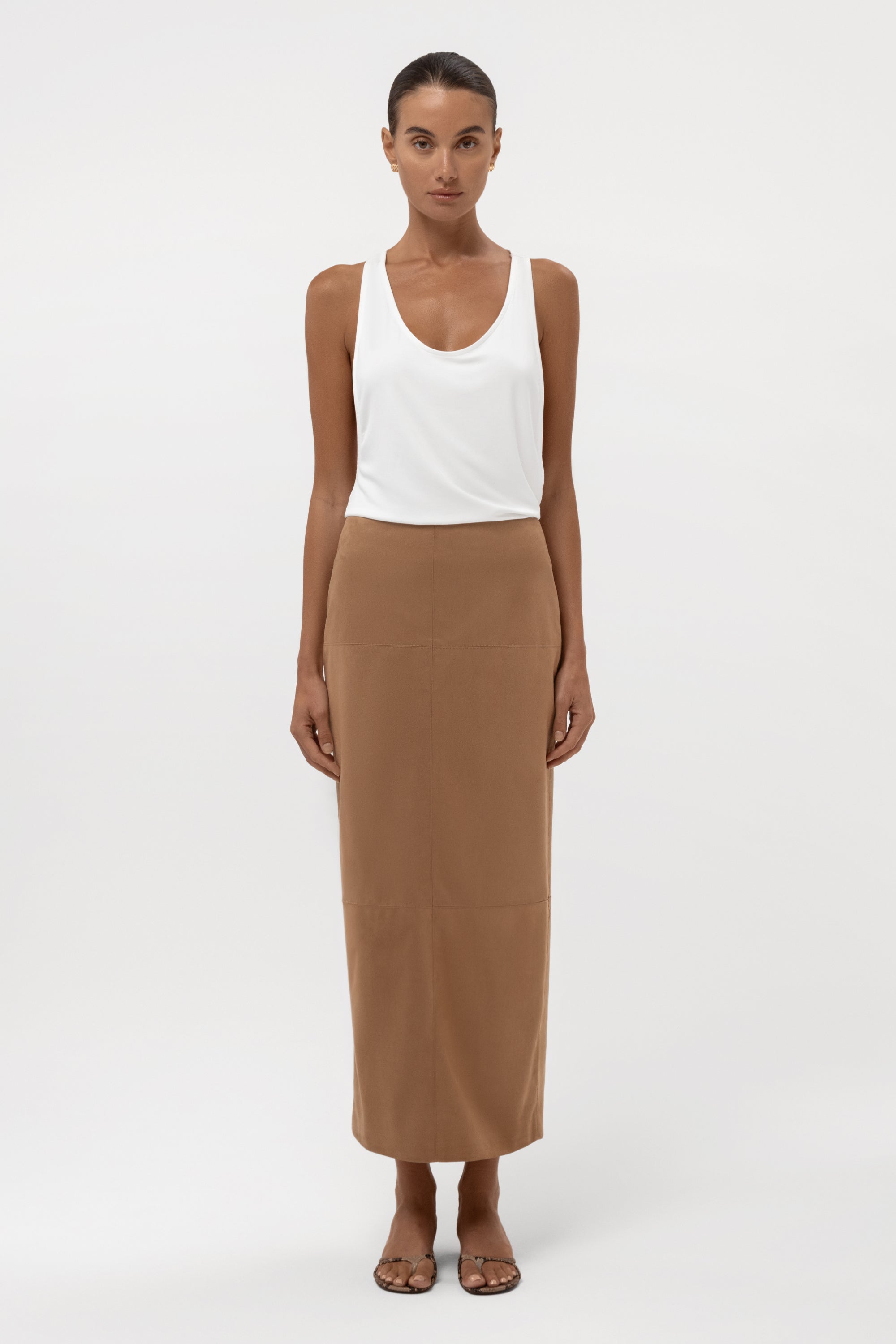 Paneled Faux Suede Midi Skirt - Camel