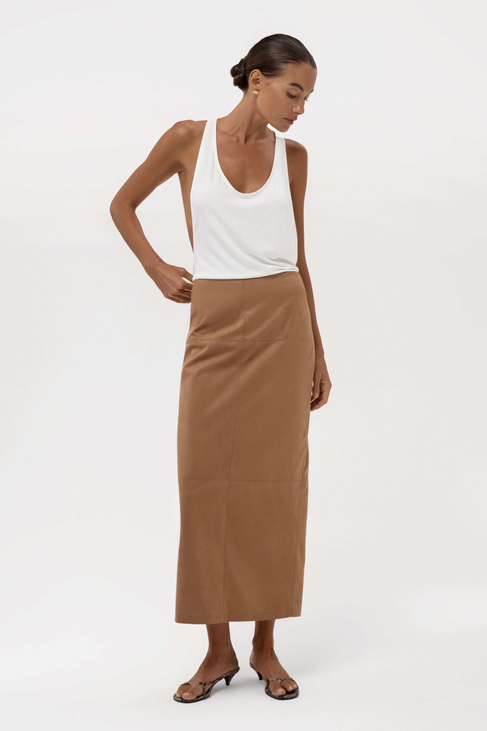 Paneled Faux Suede Midi Skirt - Camel