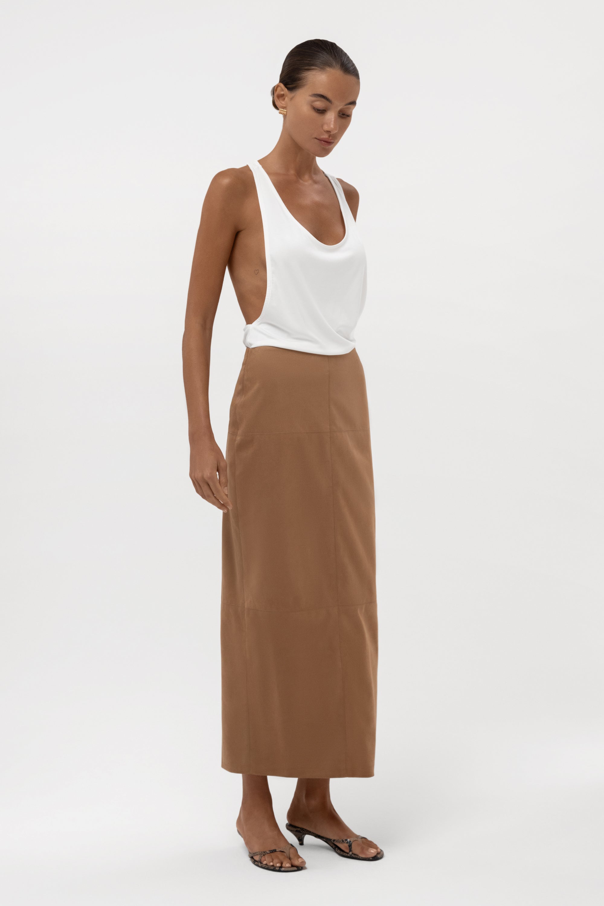 Paneled Faux Suede Midi Skirt - Camel