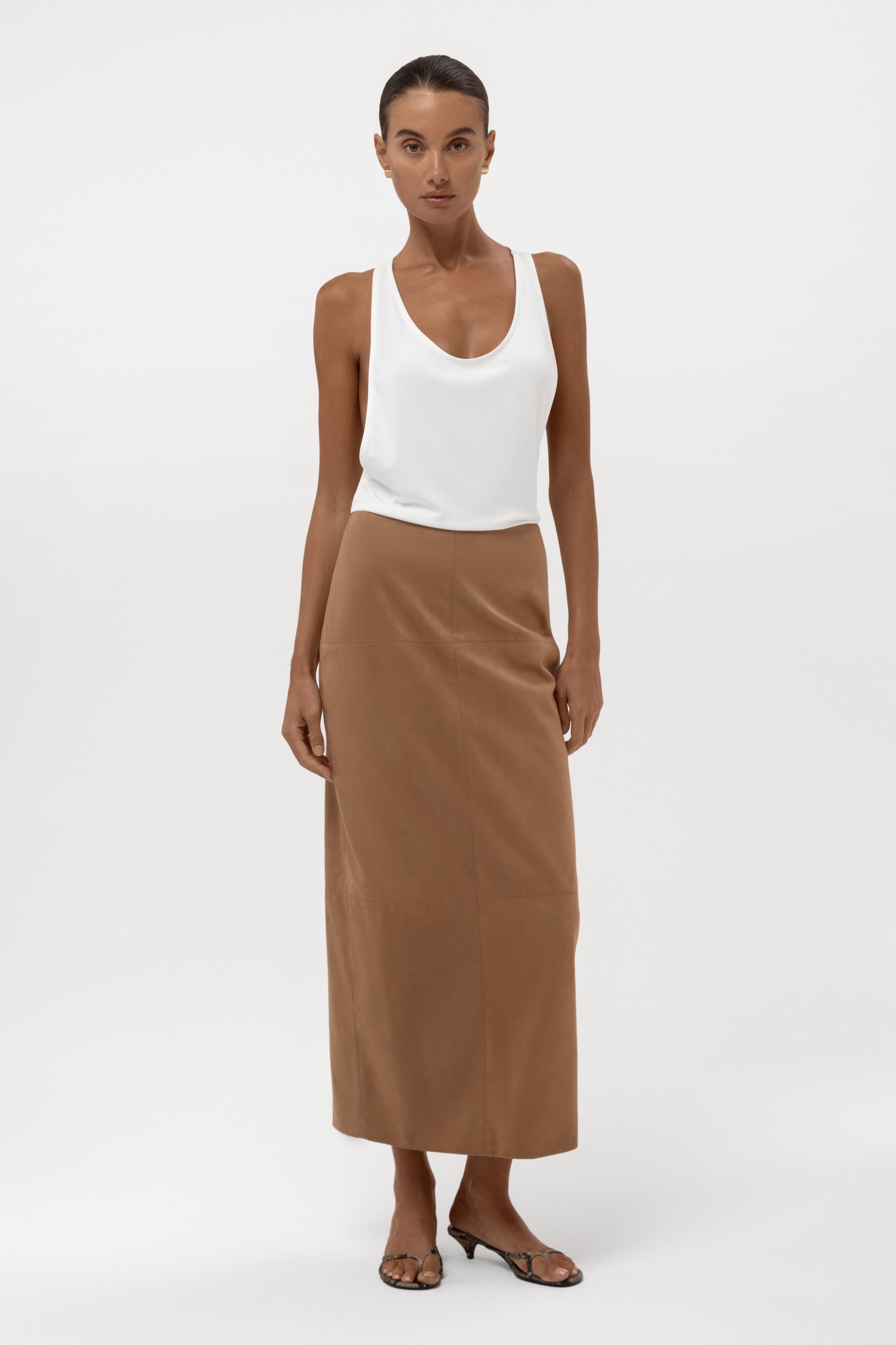 Paneled Faux Suede Midi Skirt - Camel