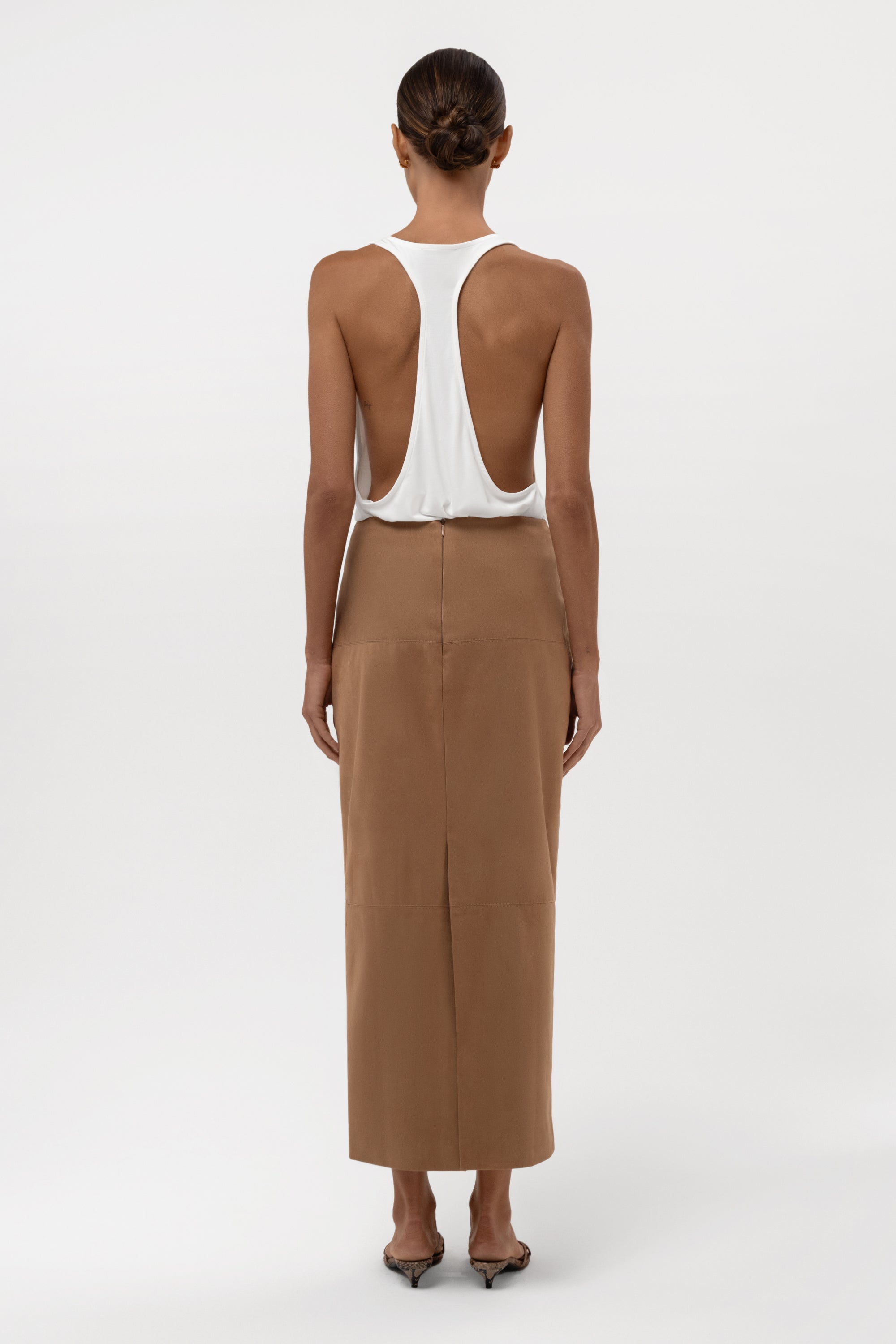 Paneled Faux Suede Midi Skirt - Camel