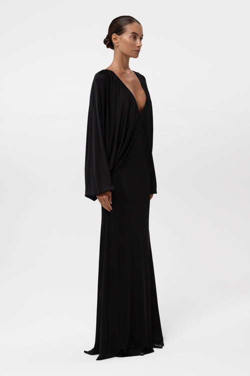 Praia Plunging Drape Gown - Black.