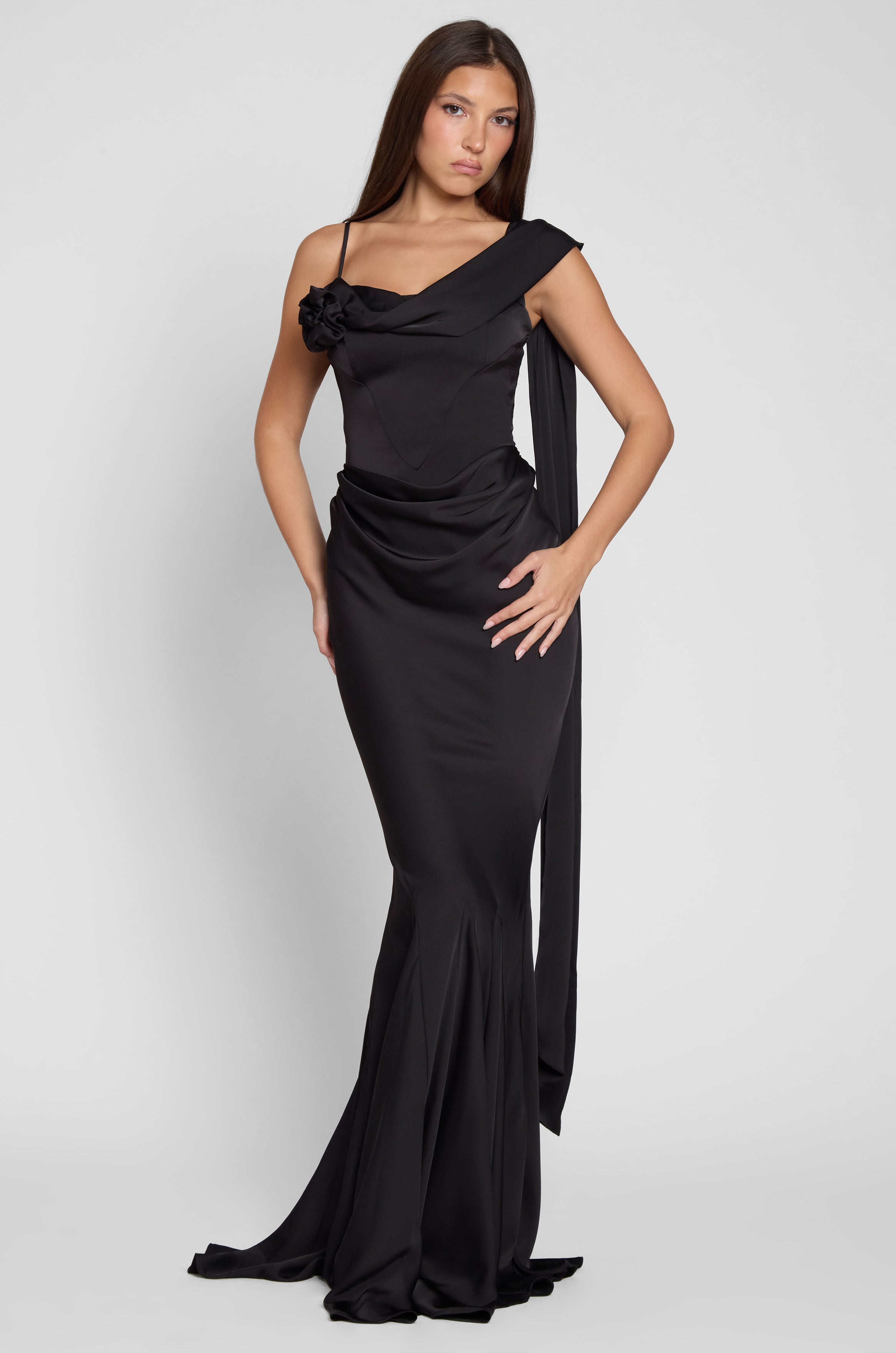 Celine Corset Drape Satin Gown - Black